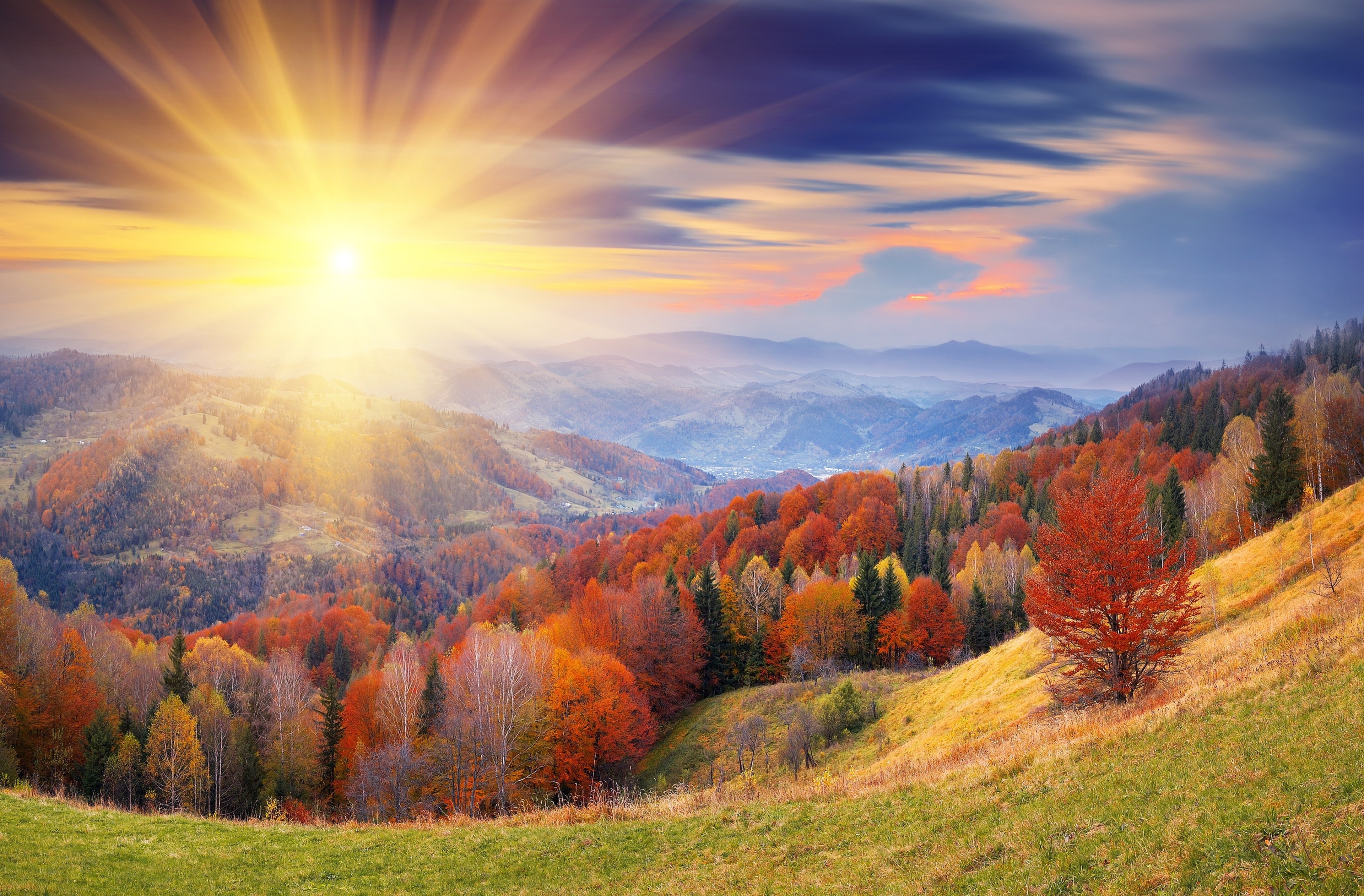 Autumn mountain landscape with sun rays HD Wallpaper