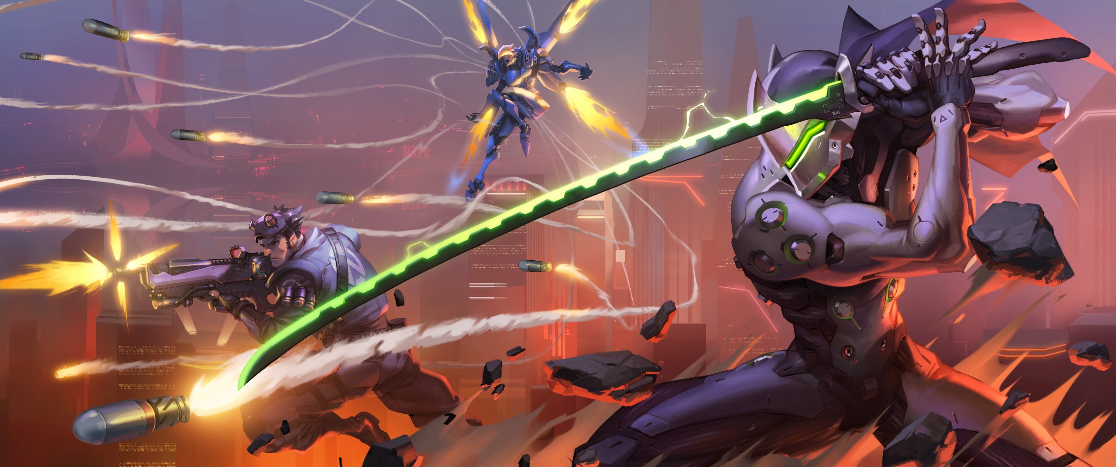 Genji and Pharah in battle HD Wallpaper