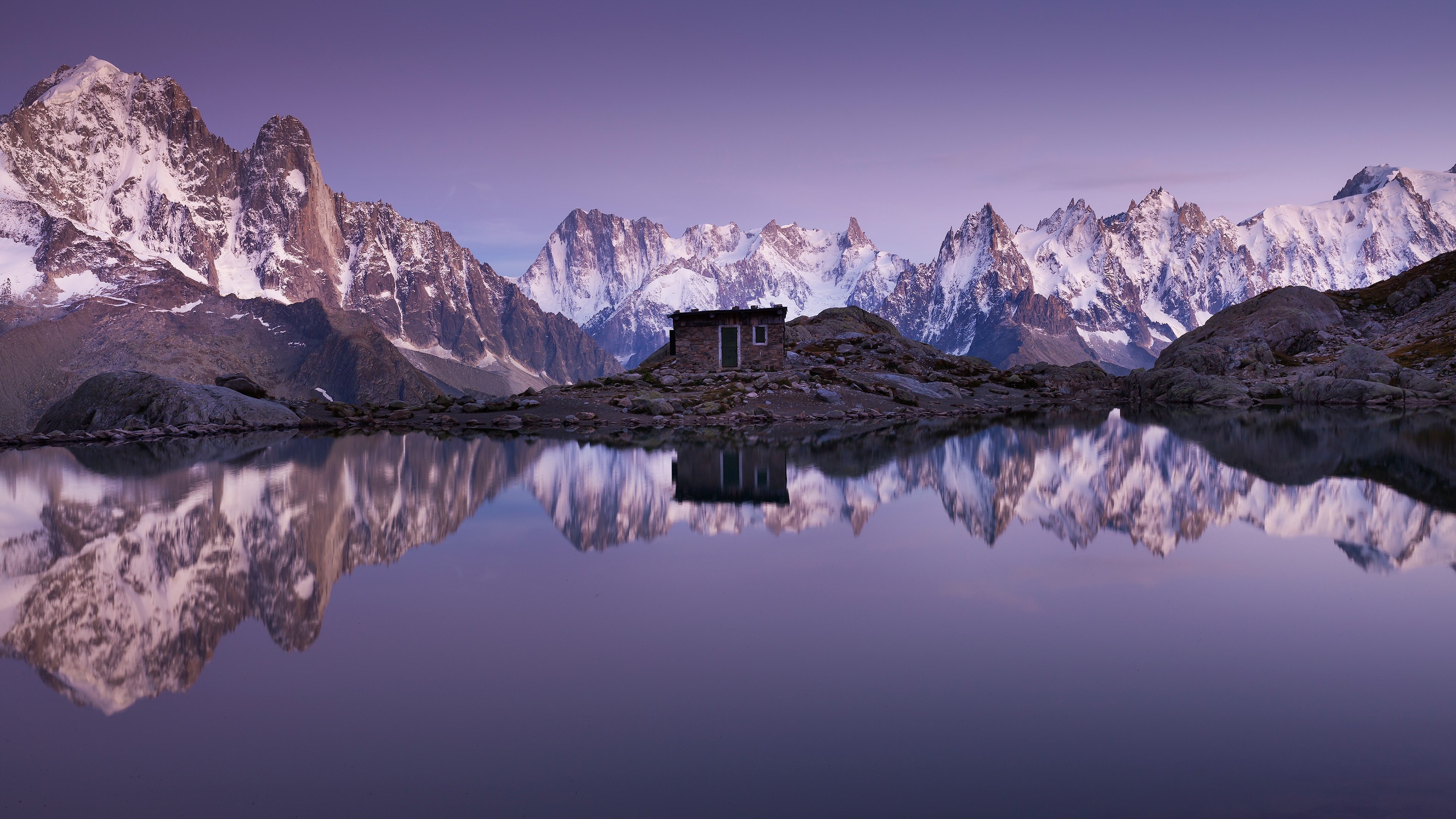 Mountains and lake with cabin 4K HD Wallpaper