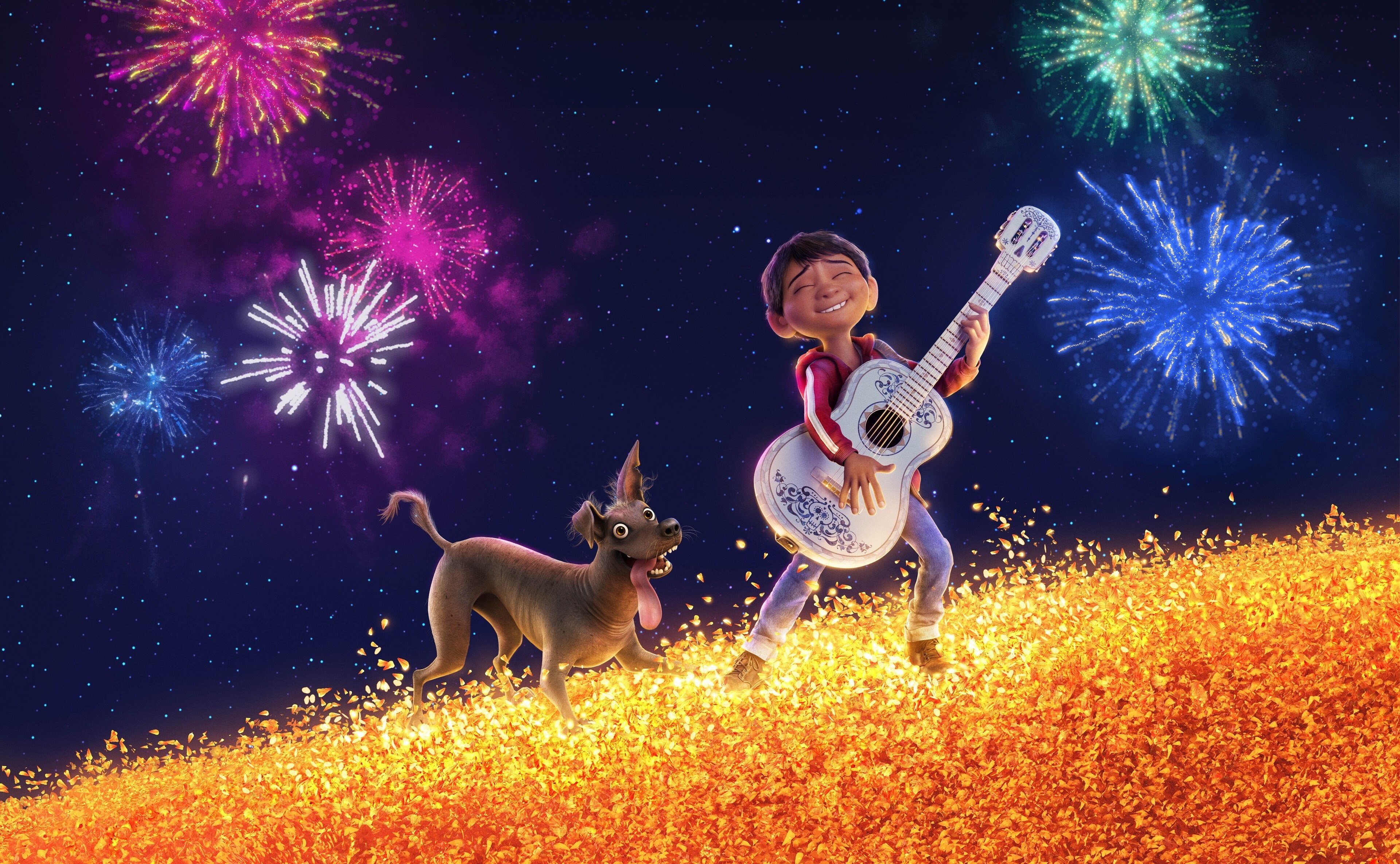 Miguel and Dante from Coco with fireworks HD Wallpaper