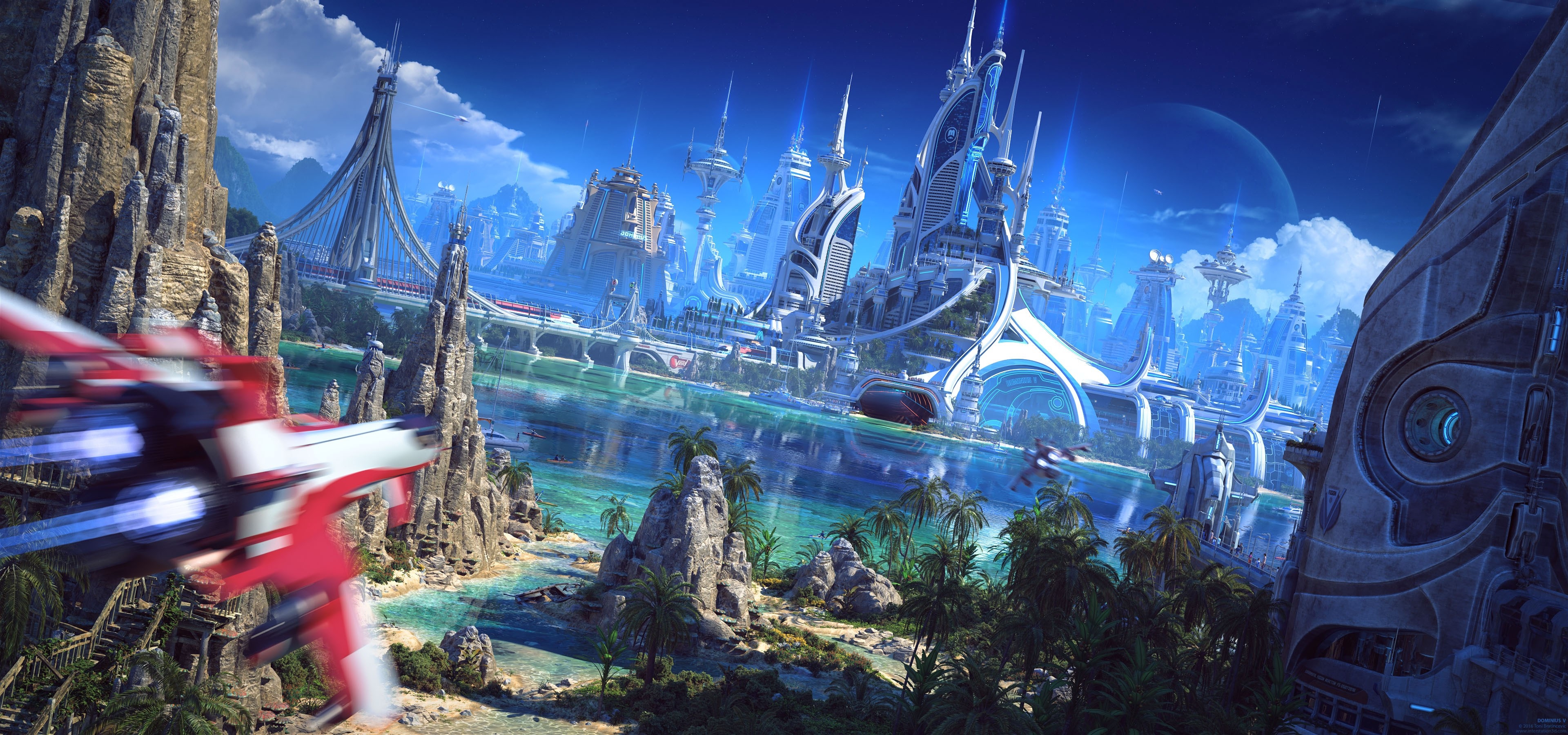 Futuristic Cityscape with Flying Vehicle 4K HD Wallpaper
