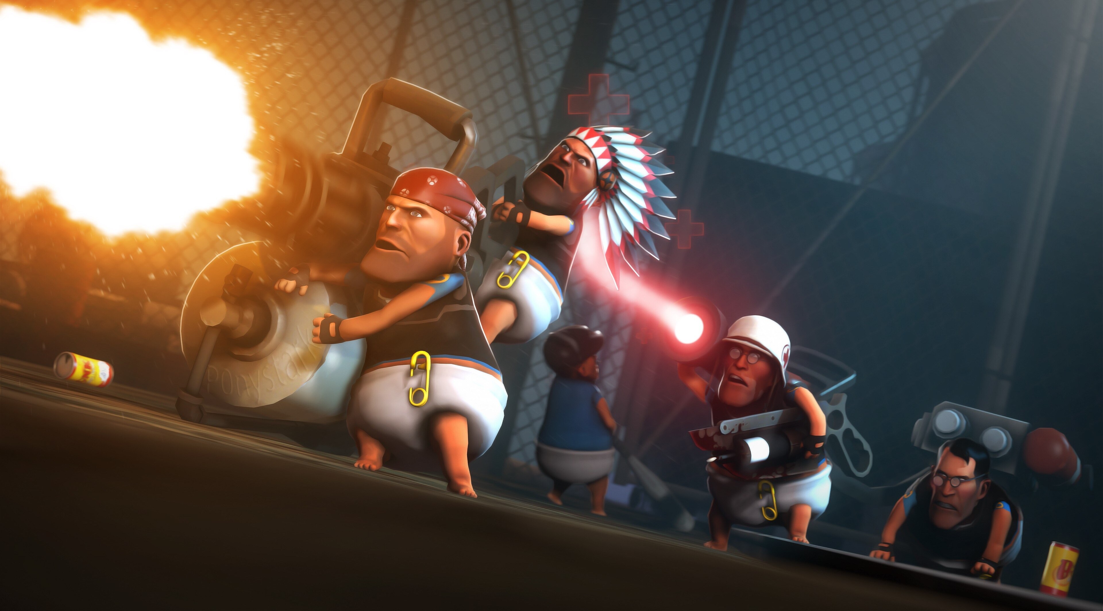 Team Fortress 2 characters firing a Gatling gun HD Wallpaper