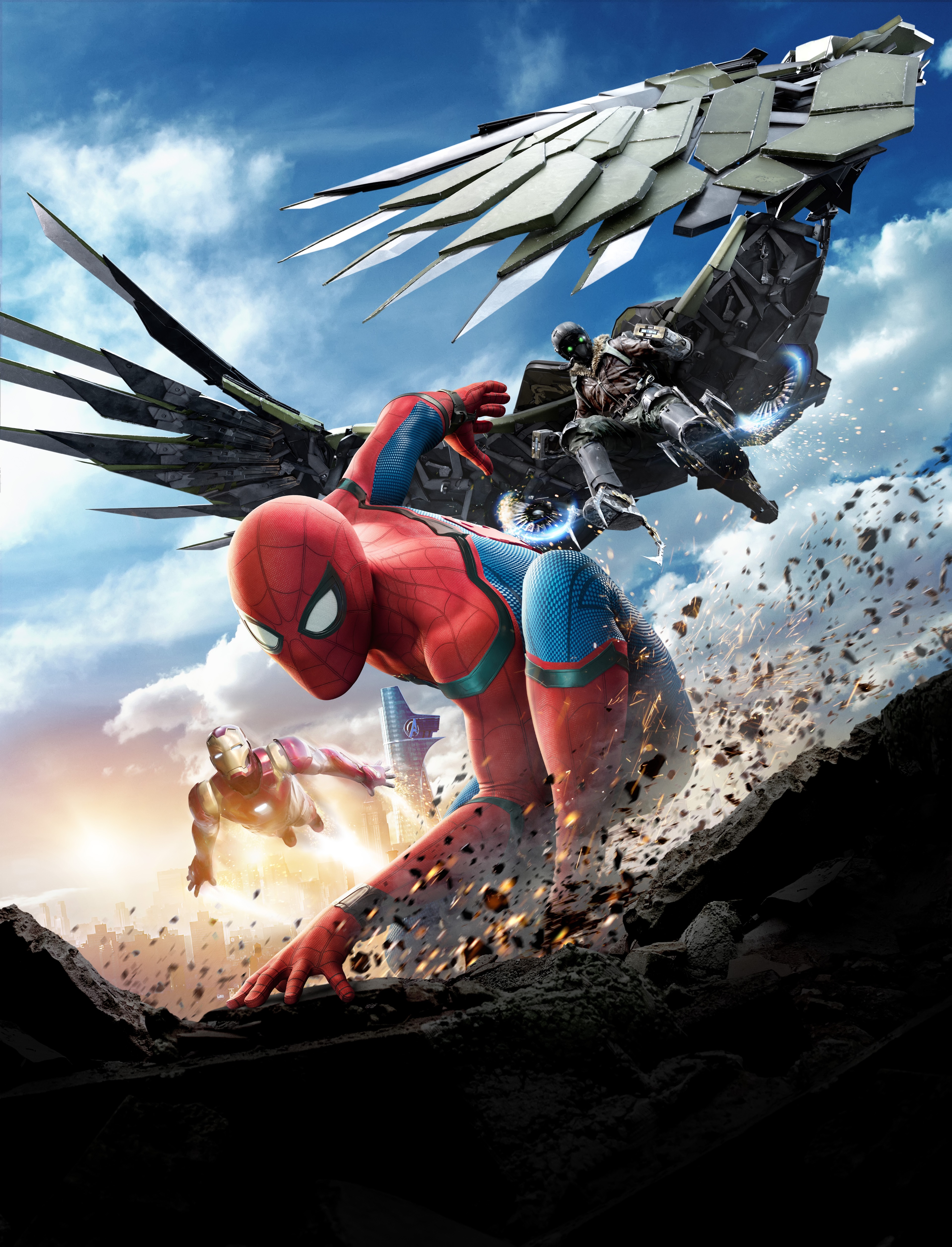 Spider-Man from Spider-Man: Homecoming vs. Vulture and Iron Man HD Wallpaper