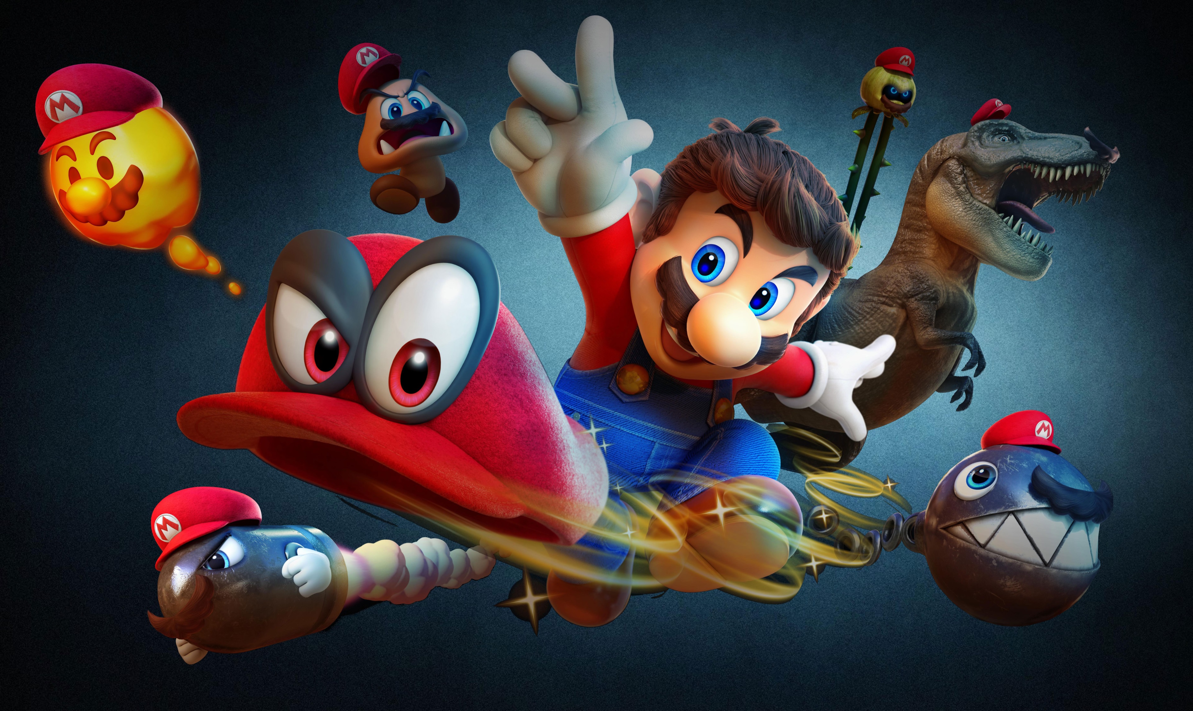 Super Mario Odyssey 4K with Mario, Cappy, and enemies HD Wallpaper