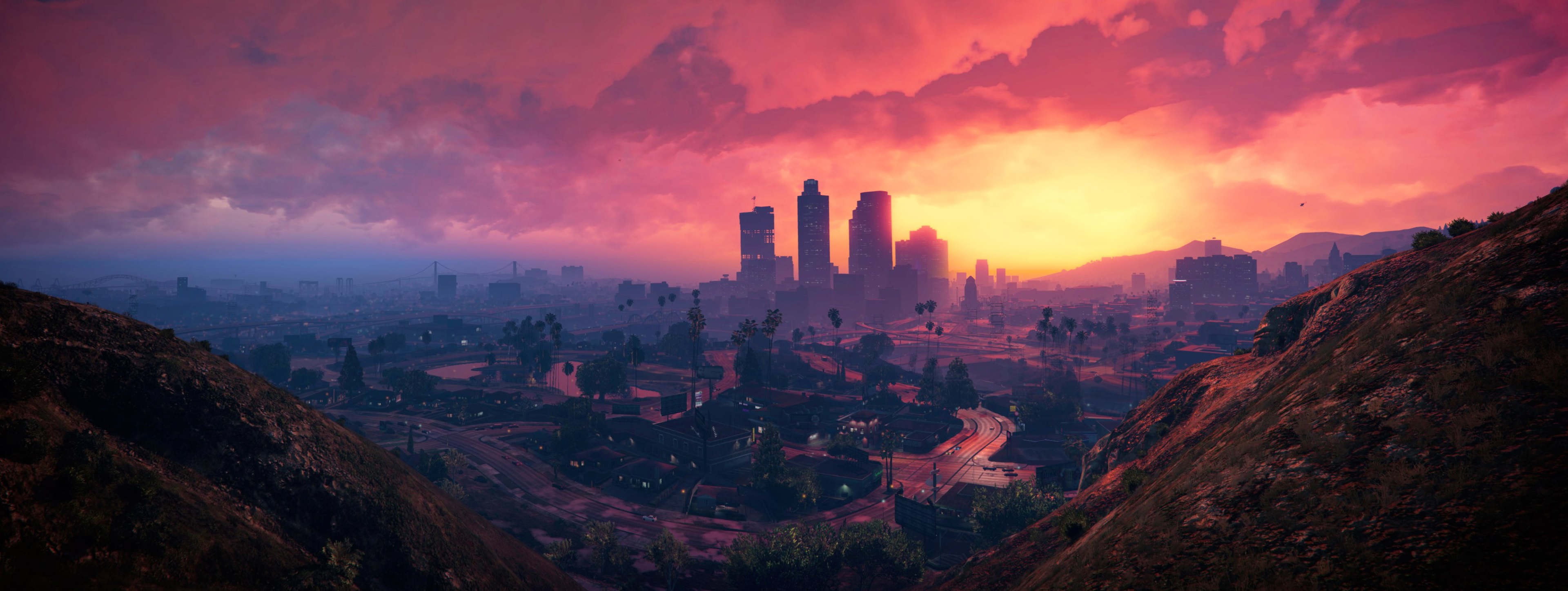 Grand Theft Auto V 4K city skyline at sunset HD Wallpaper