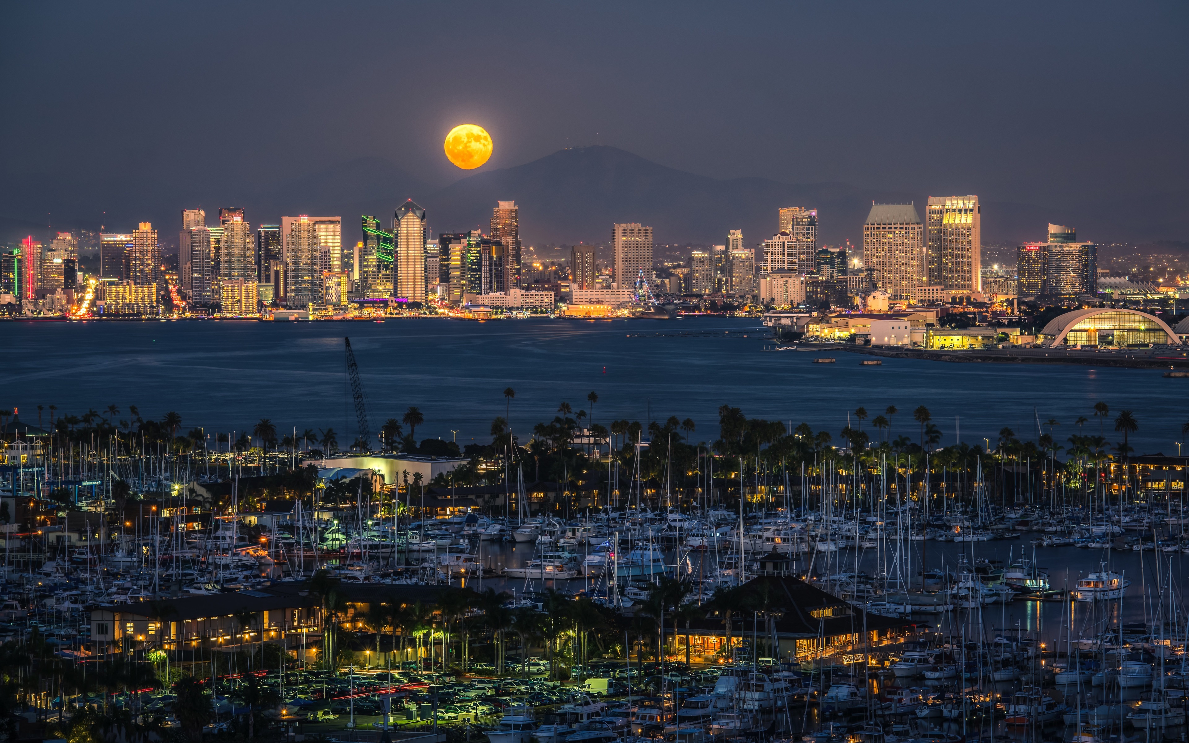 San Diego skyline and harbor at night with full moon HD Wallpaper