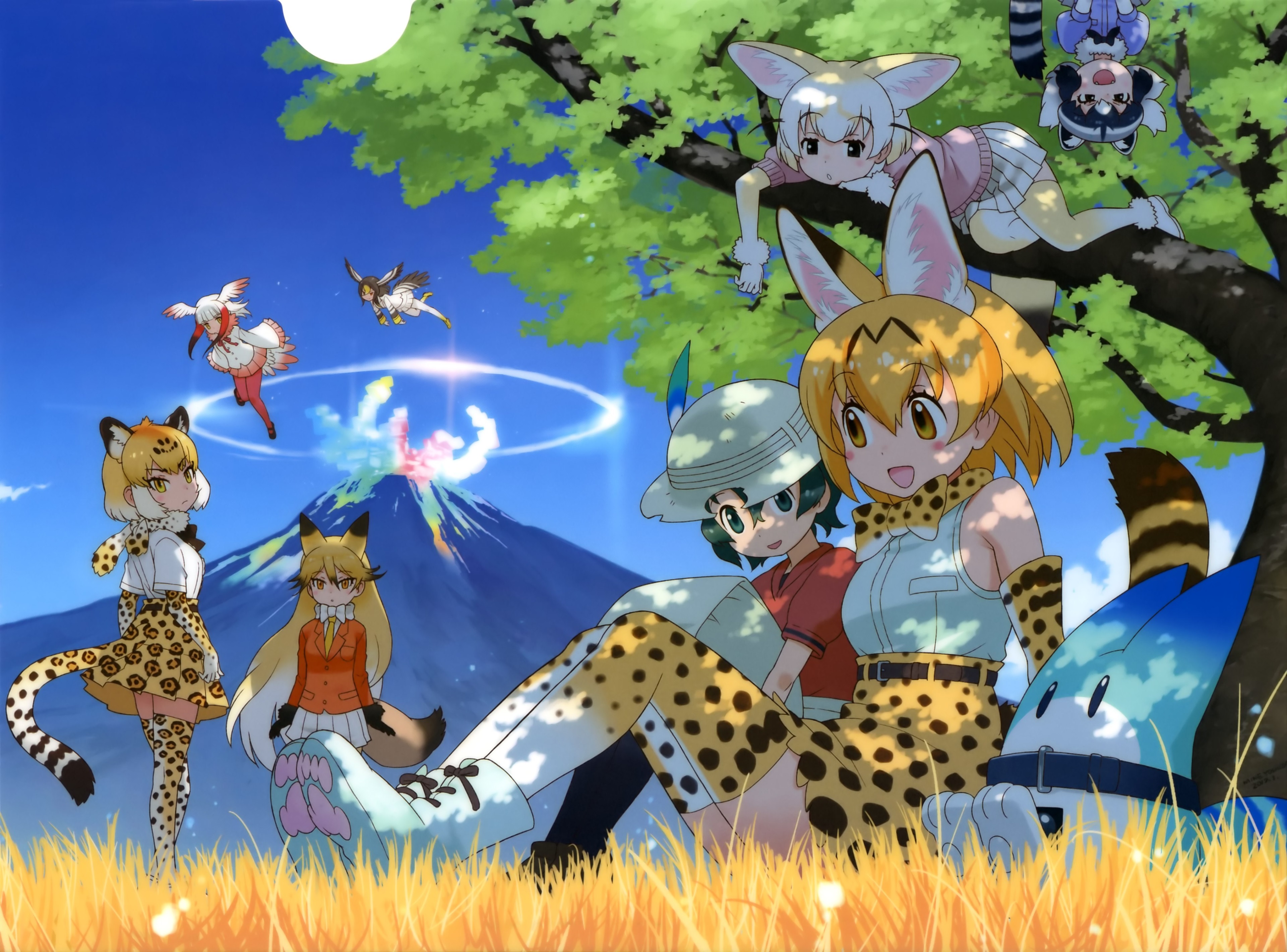 Kemono Friends characters near a volcano HD Wallpaper