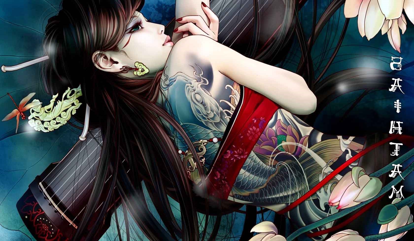 Fantasy Woman with Intricate Dragon Tattoo and Floral Accents HD Wallpaper