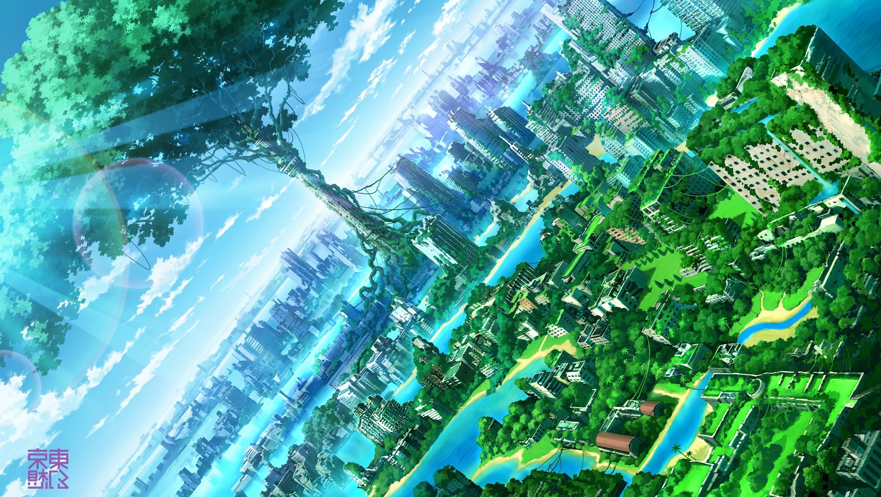 Anime Cityscape with Giant Tree and Sky HD Wallpaper