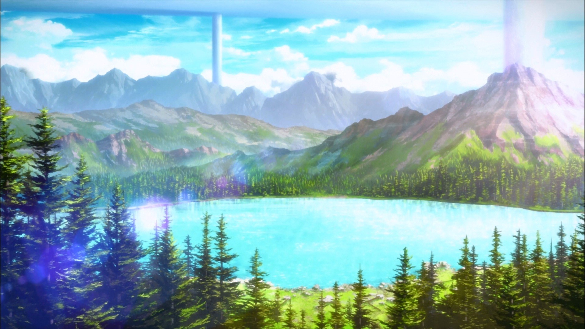 Anime landscape with mountains and lake HD Wallpaper