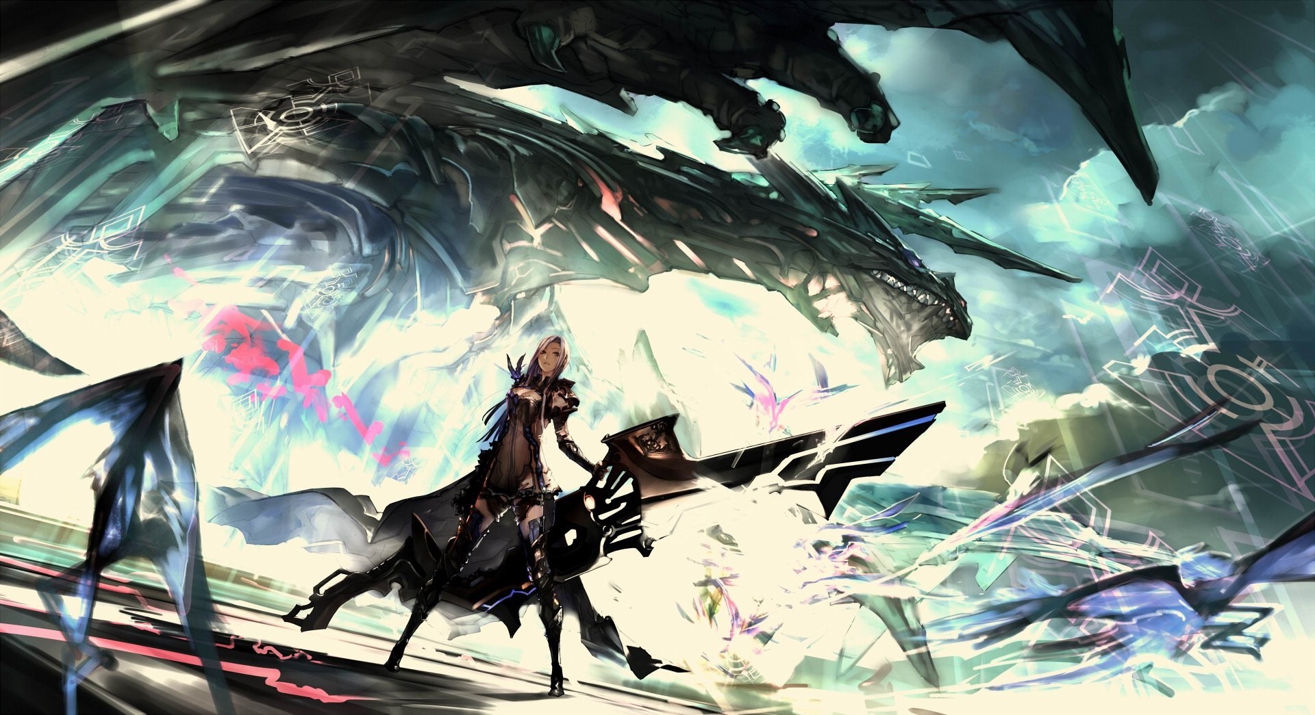 Warrior riding a horse with a dragon overhead HD Wallpaper
