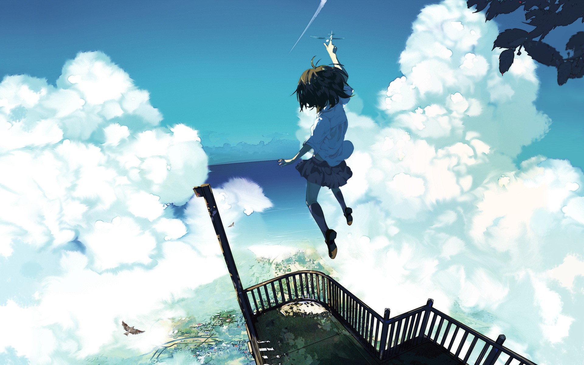 Girl jumping from a balcony into the sky HD Wallpaper