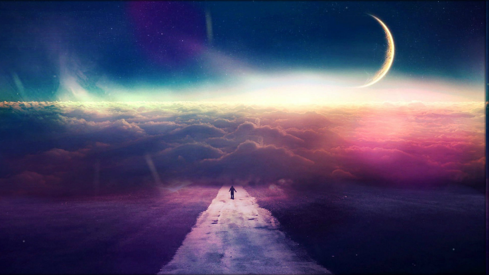 A lone figure walks on a path above the clouds under a crescent moon. HD Wallpaper