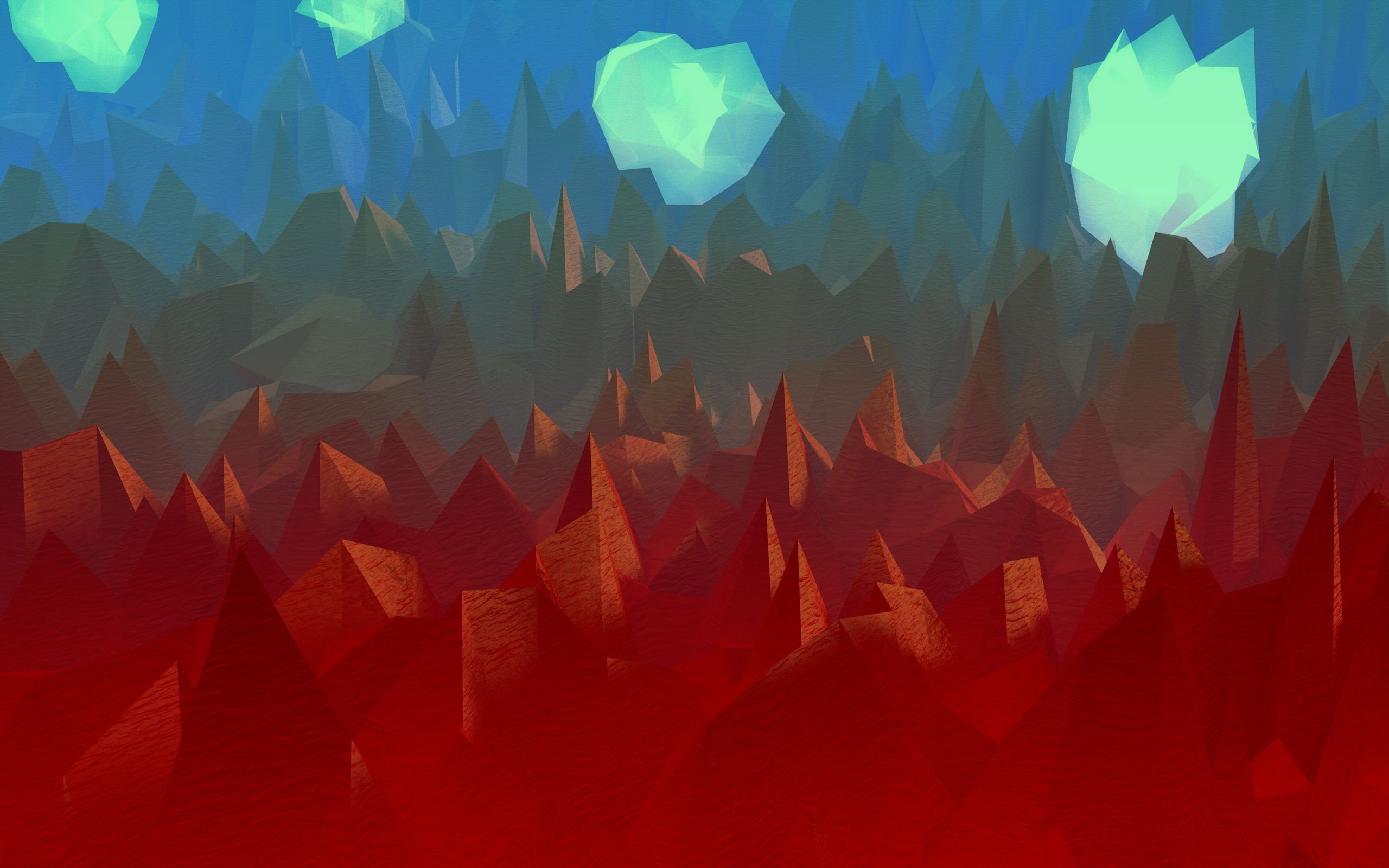 Low poly abstract mountain landscape with glowing orbs HD Wallpaper