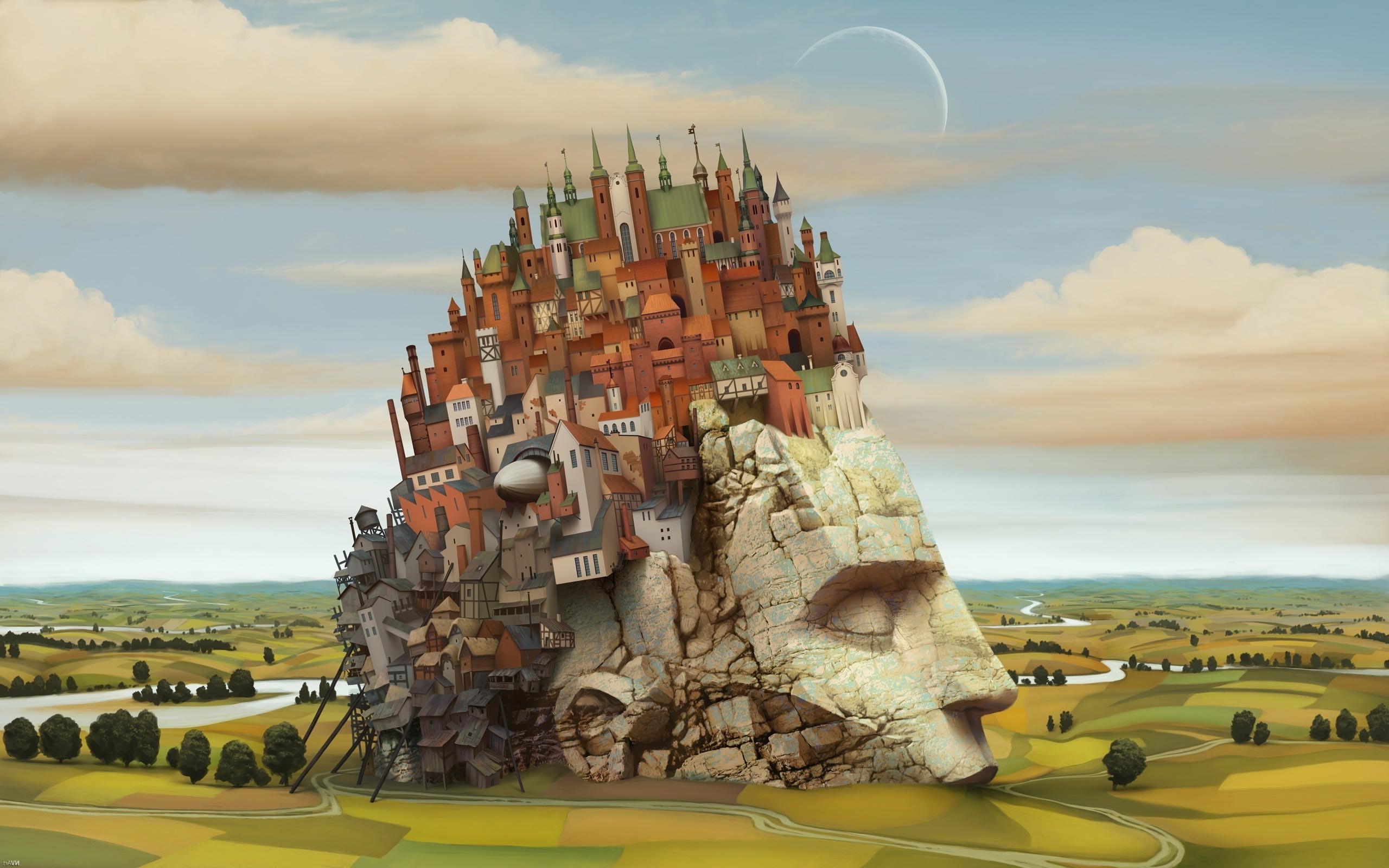 Surreal Castle Growing from Stone Head in Landscape HD Wallpaper
