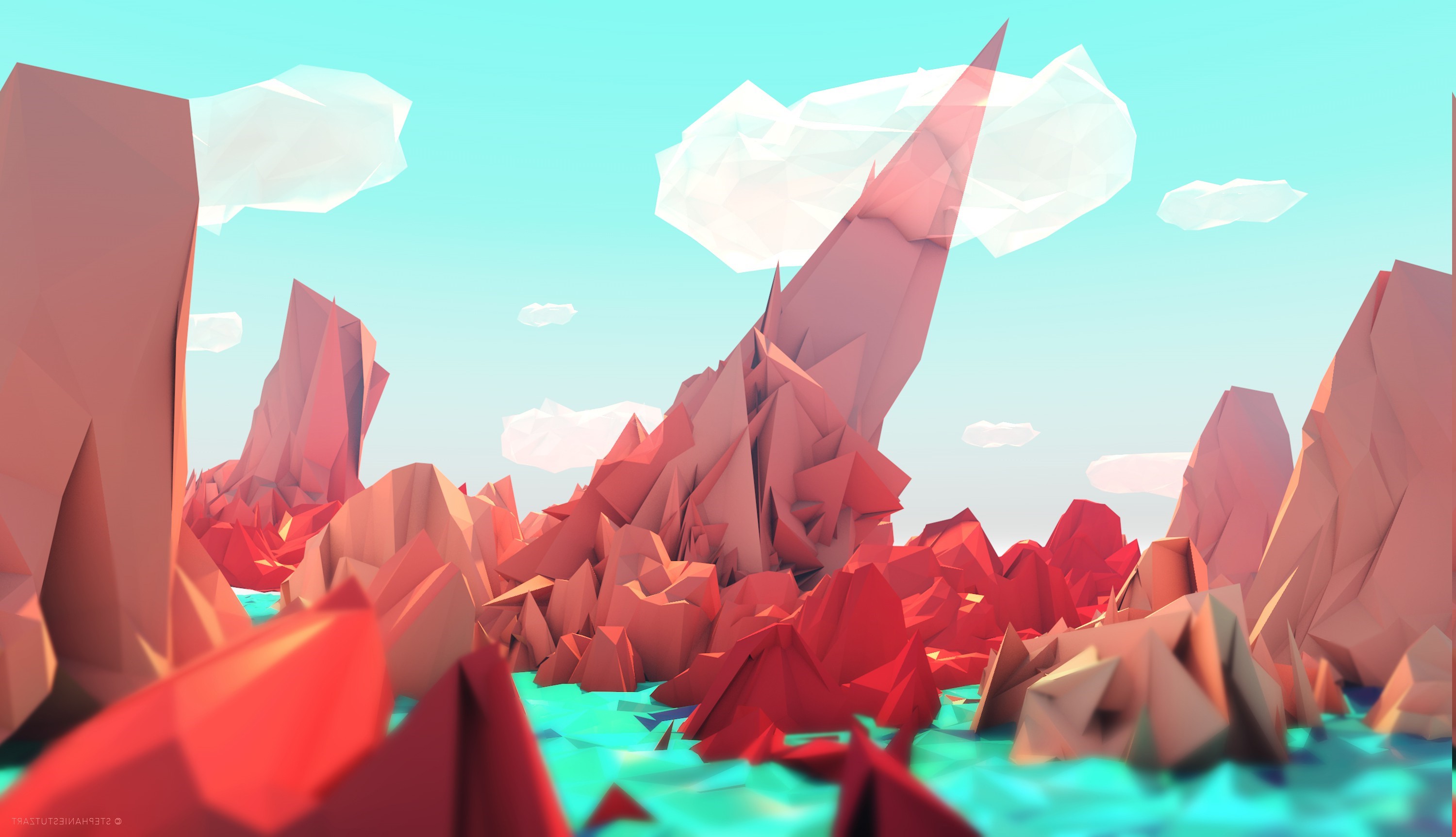Low poly landscape with red rock formations and blue water HD Wallpaper