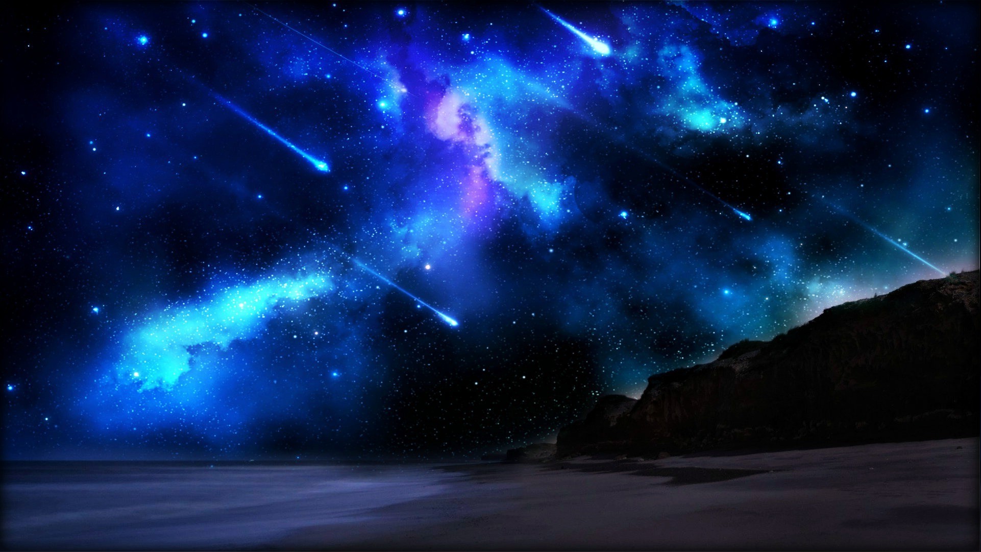 Night sky with shooting stars over a beach HD Wallpaper