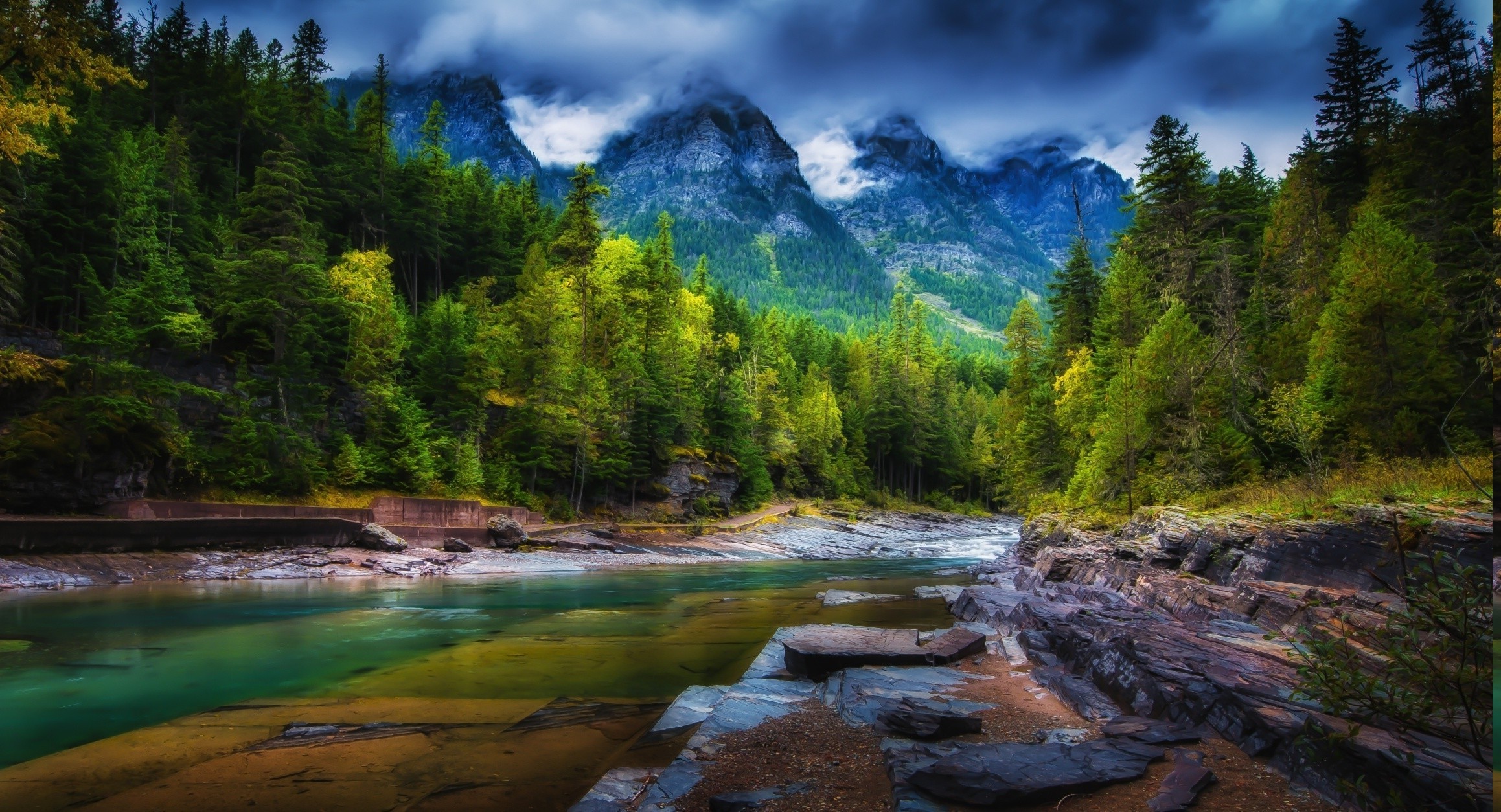 Mountain River Flowing Through Lush Green Forest HD Wallpaper