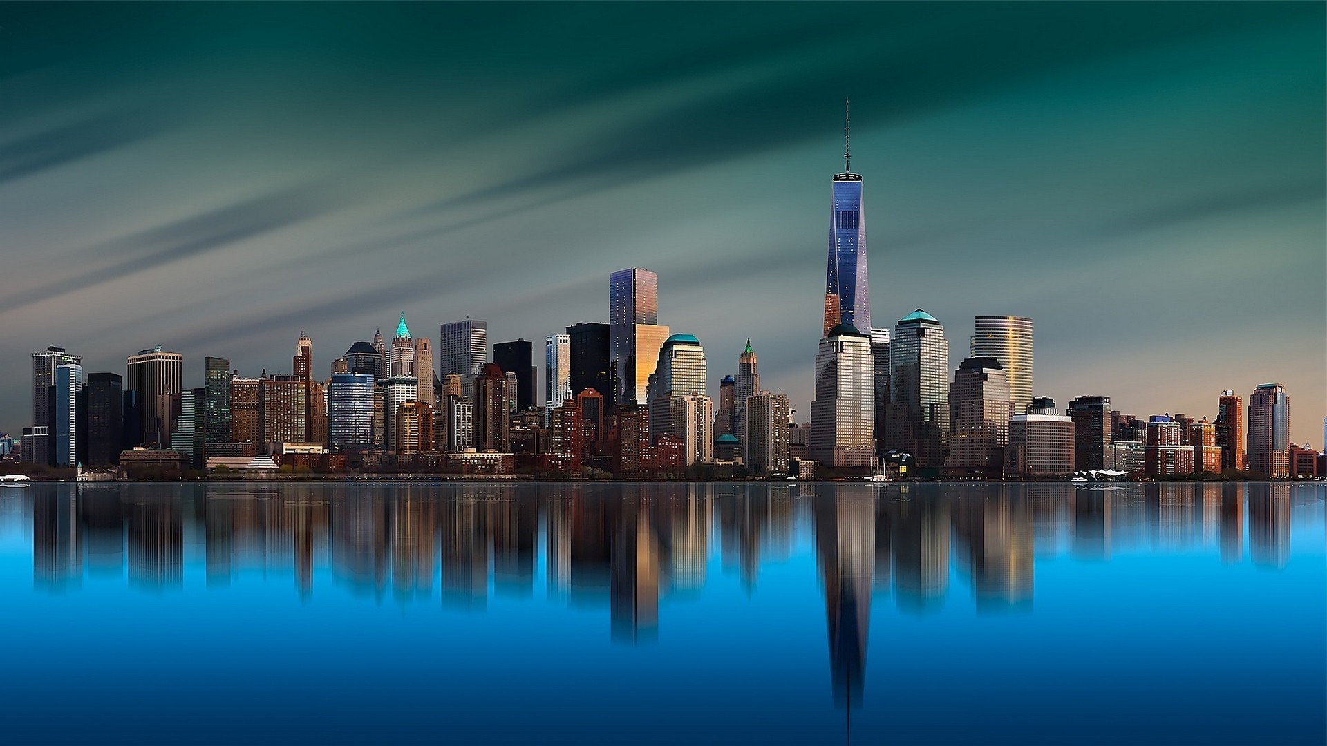 New York City skyline with One World Trade Center reflection HD Wallpaper