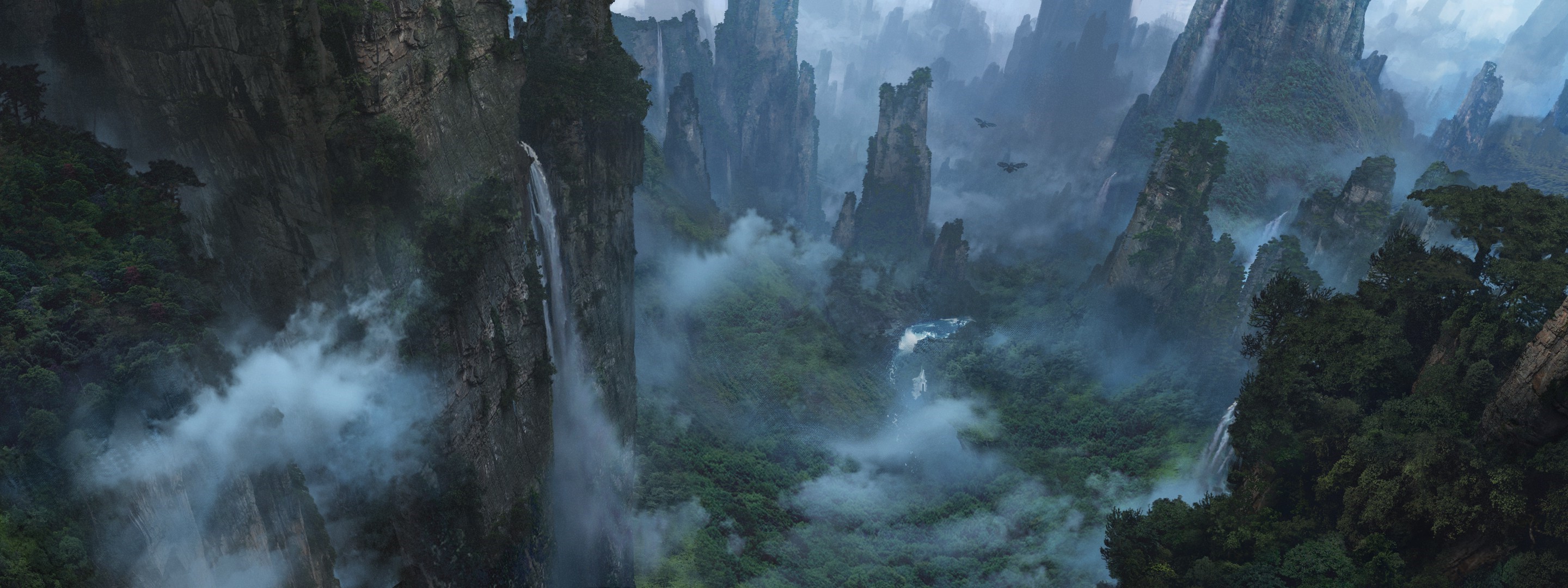 Fantasy landscape with floating mountains and waterfalls HD Wallpaper