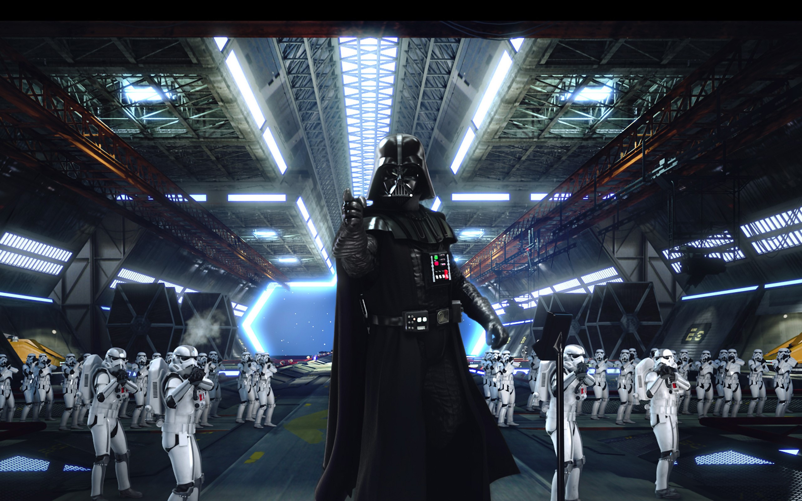 Darth Vader and Stormtroopers in Star Wars Hangar HD Wallpaper