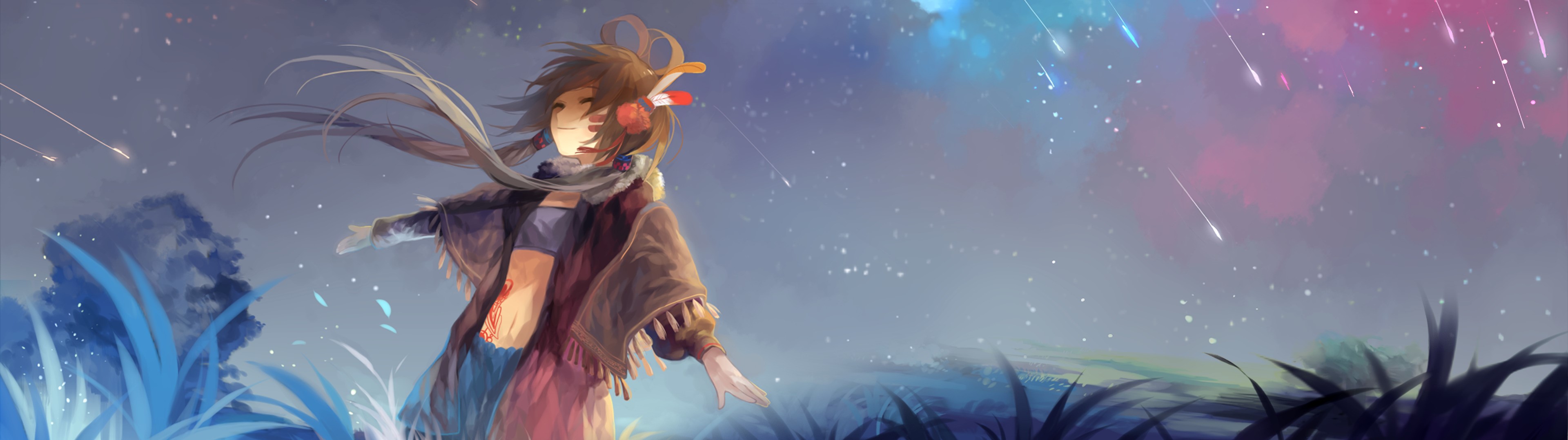 Girl Enjoying Night Sky with Shooting Stars HD Wallpaper