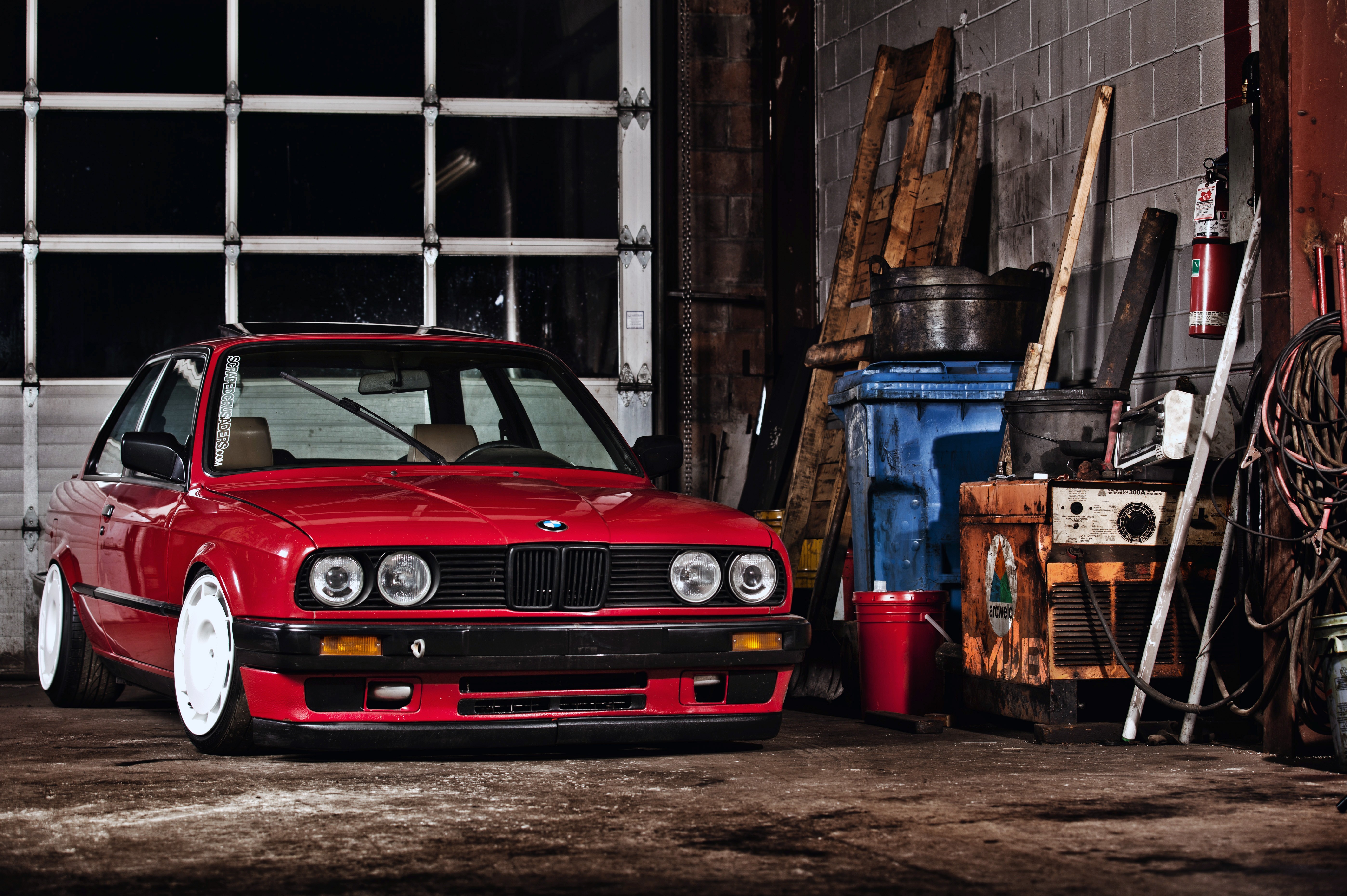 Red BMW E30 Stance Car in Garage HD Wallpaper