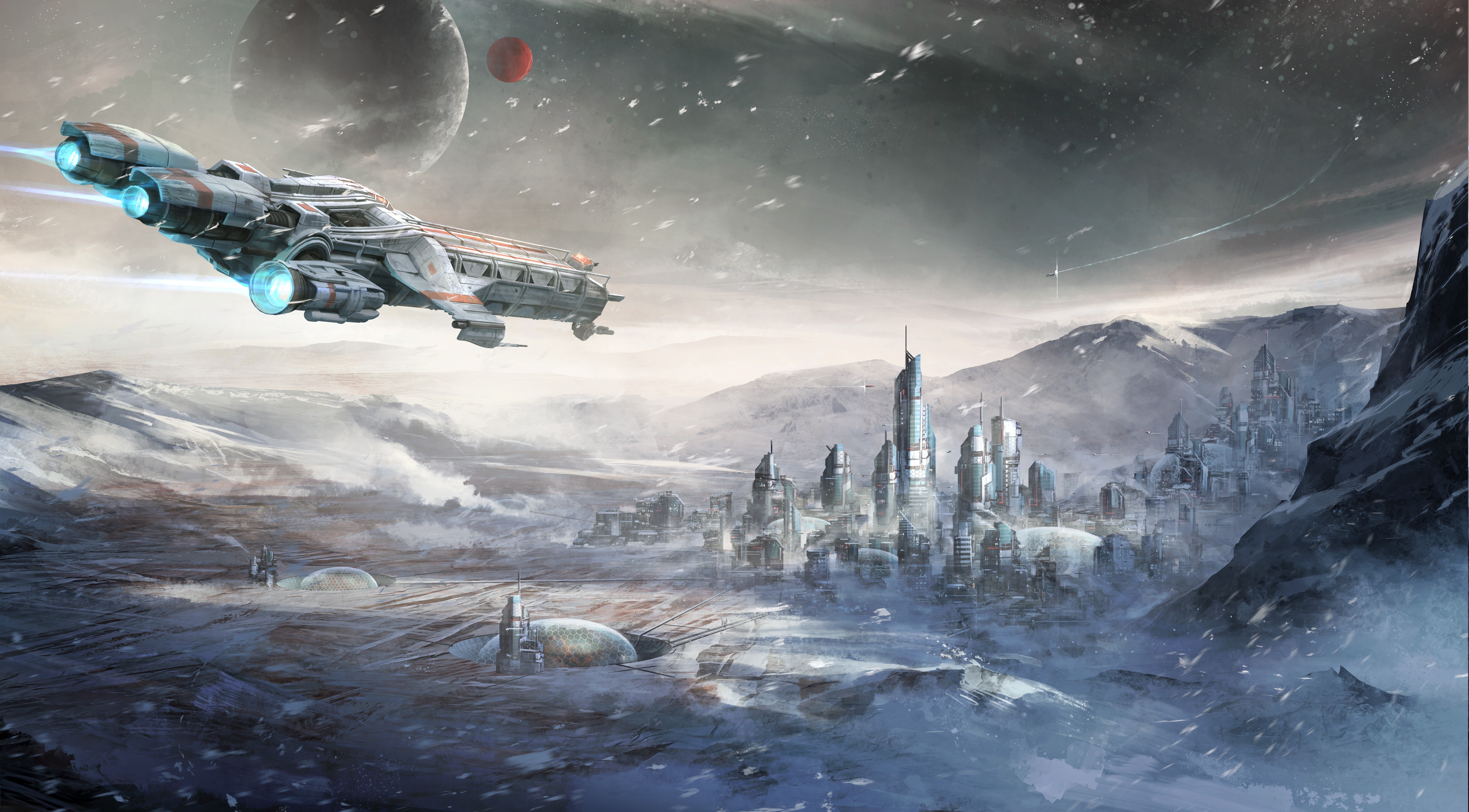 Star Citizen Caterpillar spaceship over snowy cityscape HD Wallpaper