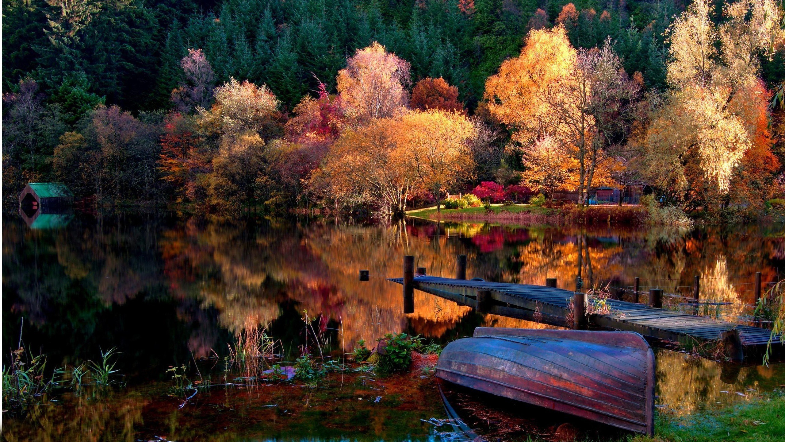 Peaceful Autumn Lake with Colorful Trees and Boat HD Wallpaper