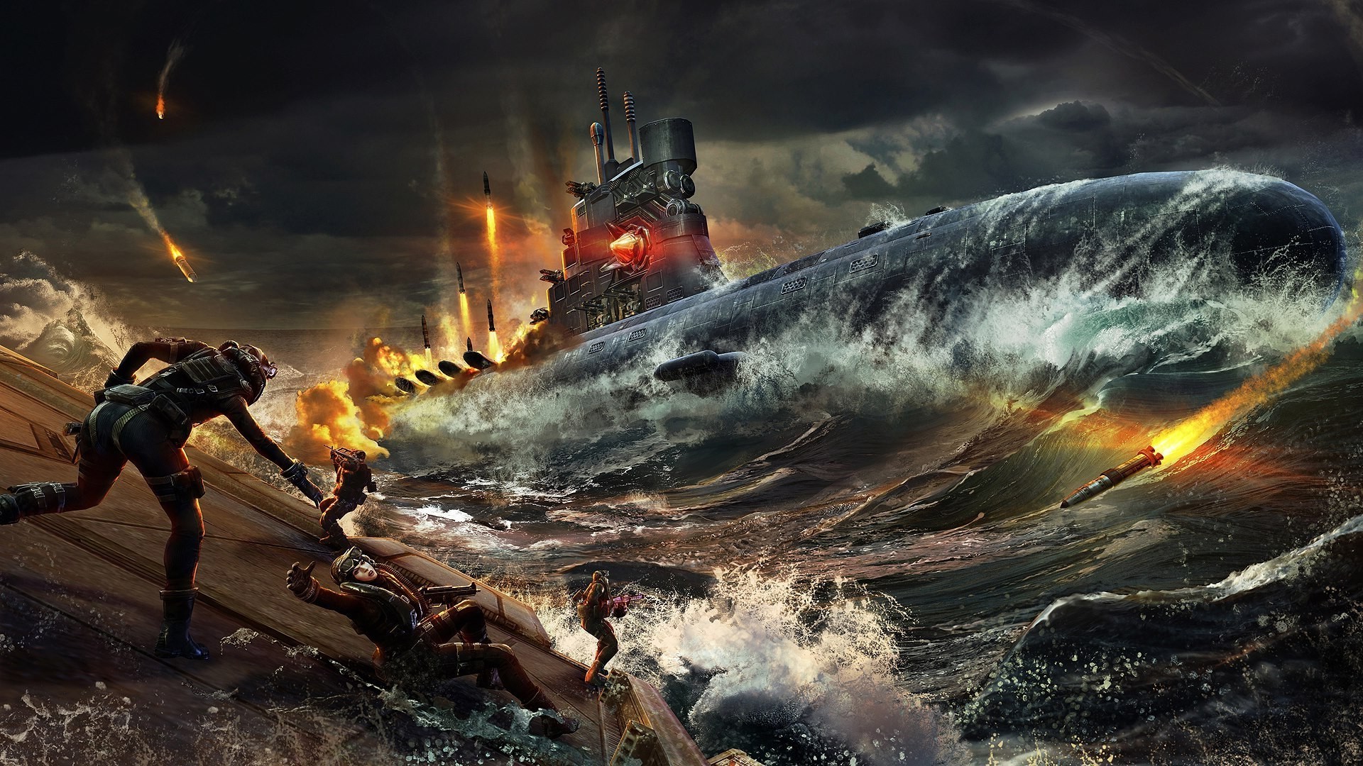 Submarine battle with missiles and soldiers HD Wallpaper