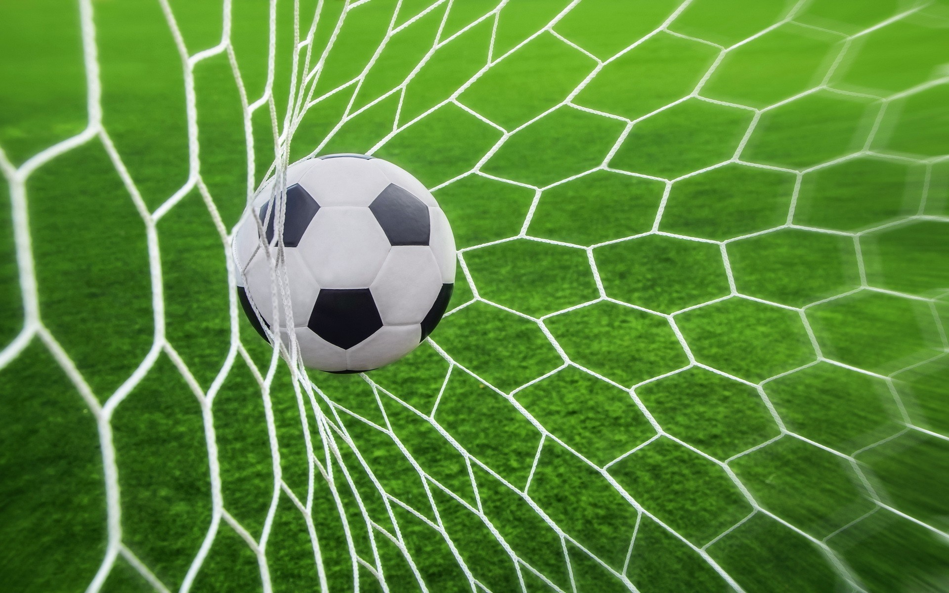 Soccer ball in a net on a green field HD Wallpaper