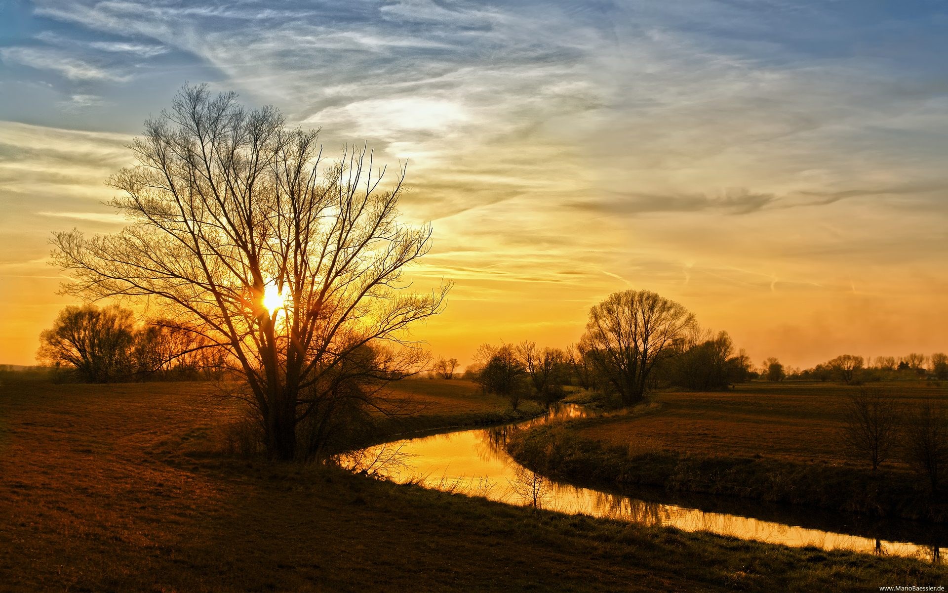 Sunset over a winding river and fields with trees HD Wallpaper