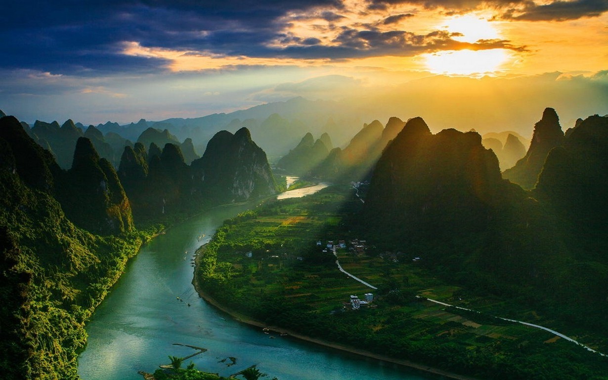 Sunset Over Misty River and Mountain Village HD Wallpaper