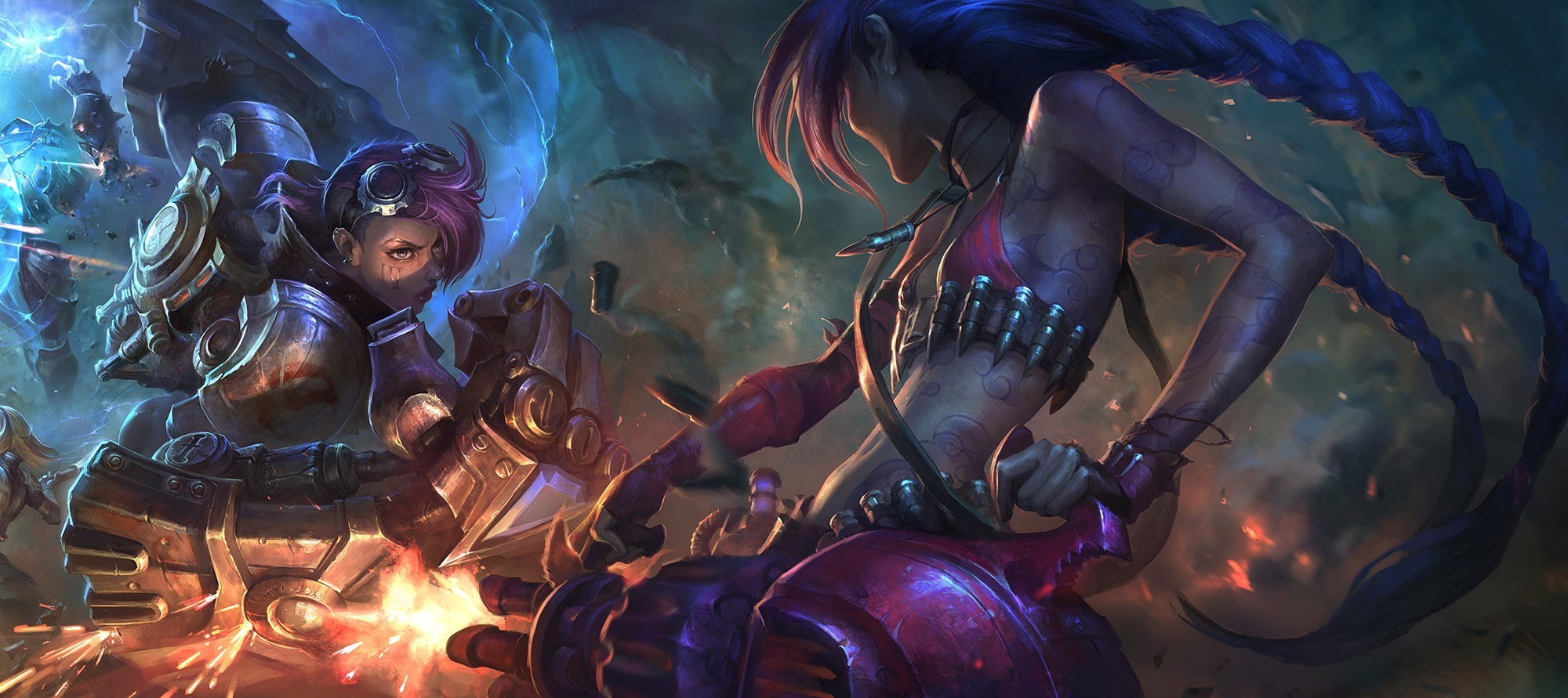 Jinx and Vi from League of Legends fighting HD Wallpaper