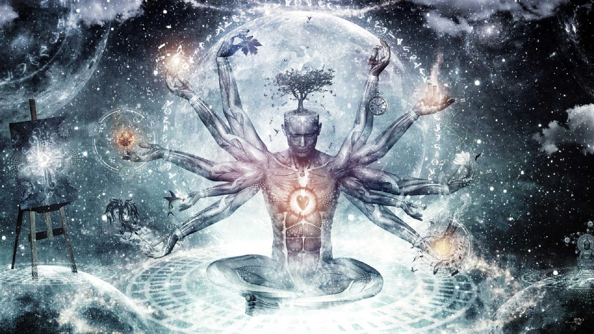 Psychedelic Man with Multiple Arms in Space HD Wallpaper
