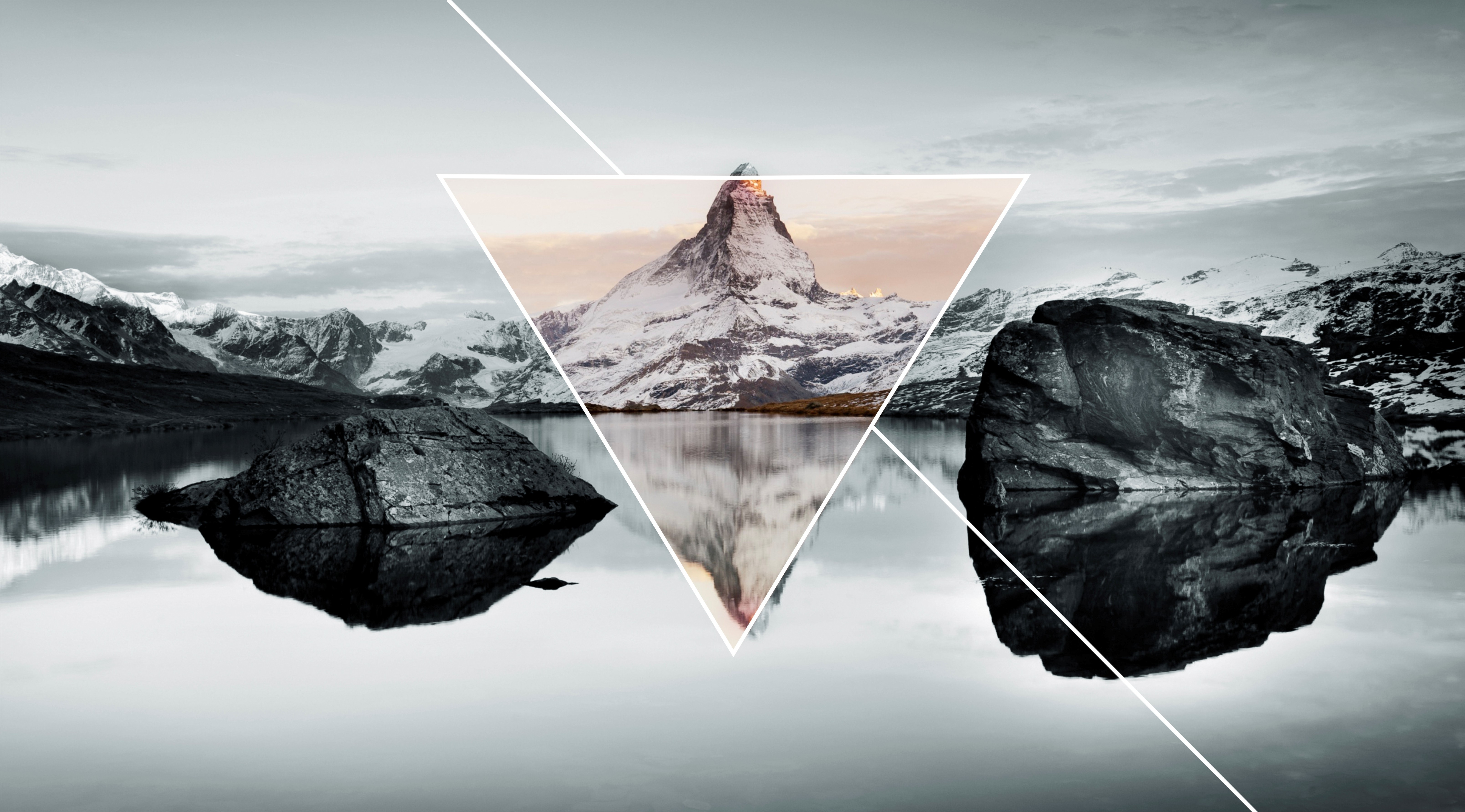 Mountain landscape with lake and geometric overlay HD Wallpaper