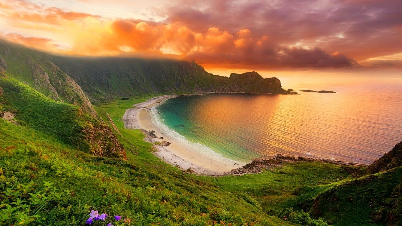 Scenic coastal landscape with mountains and ocean at sunset HD Wallpaper