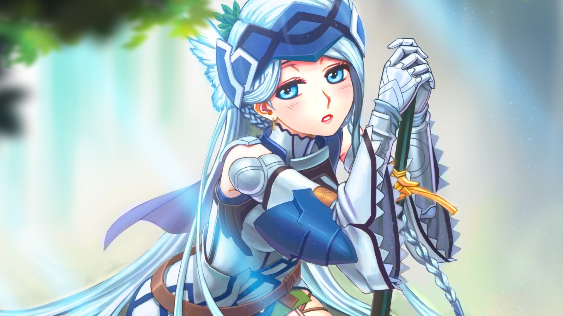 Anime girl in white and blue armor holding a staff HD Wallpaper
