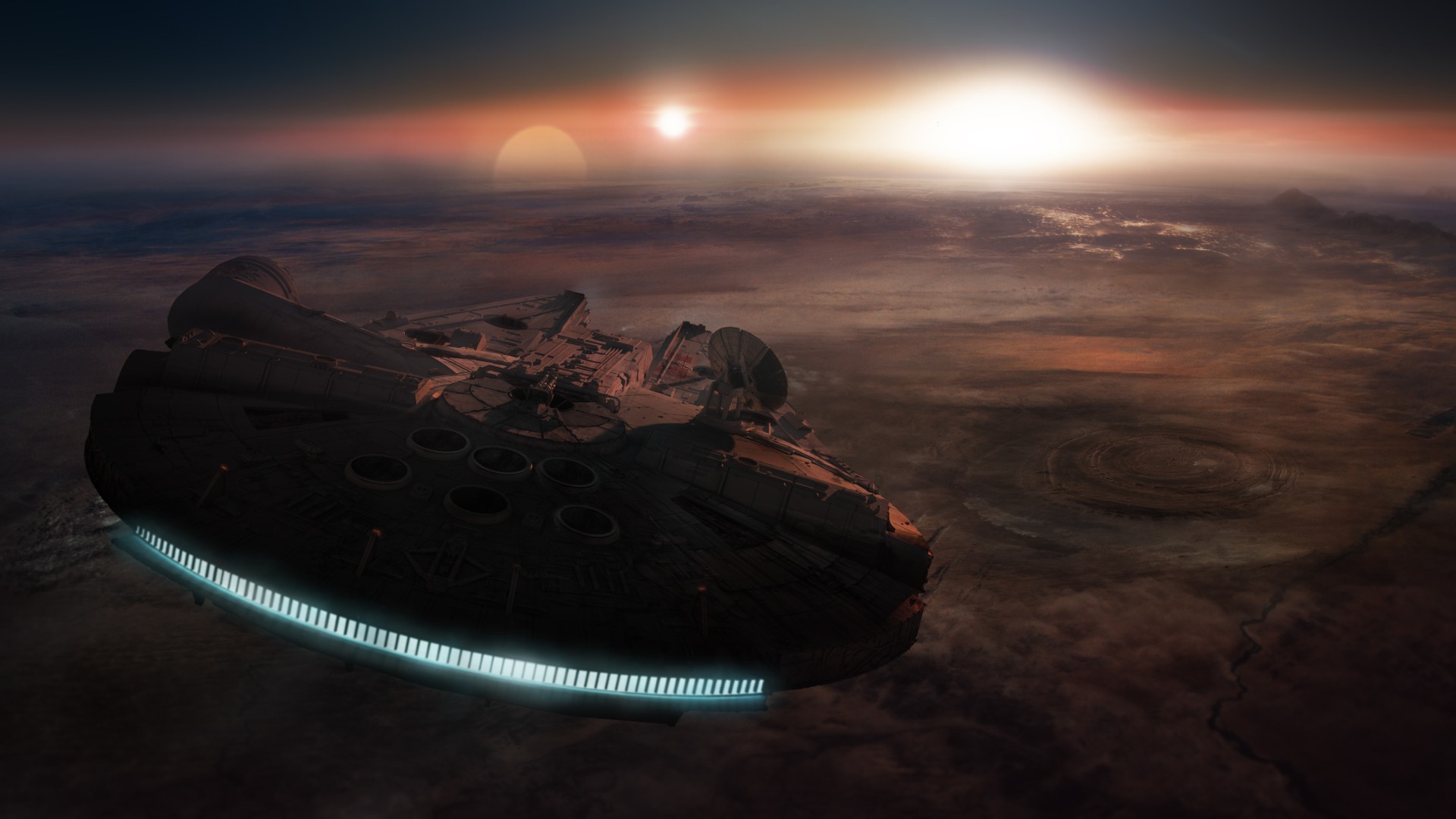 Millennium Falcon flying over a planet at sunset HD Wallpaper