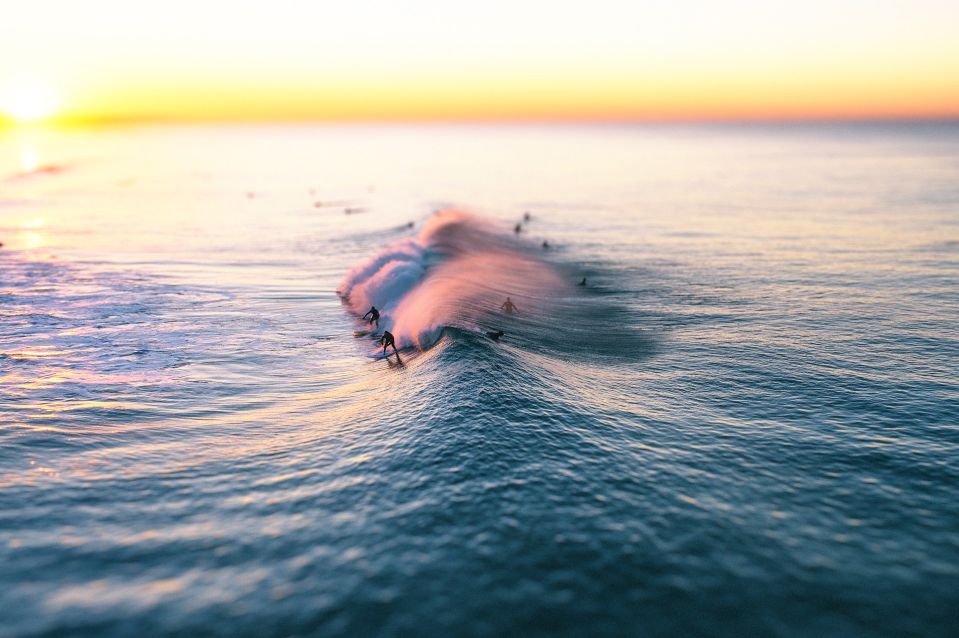 Surfers riding waves at sunset HD Wallpaper