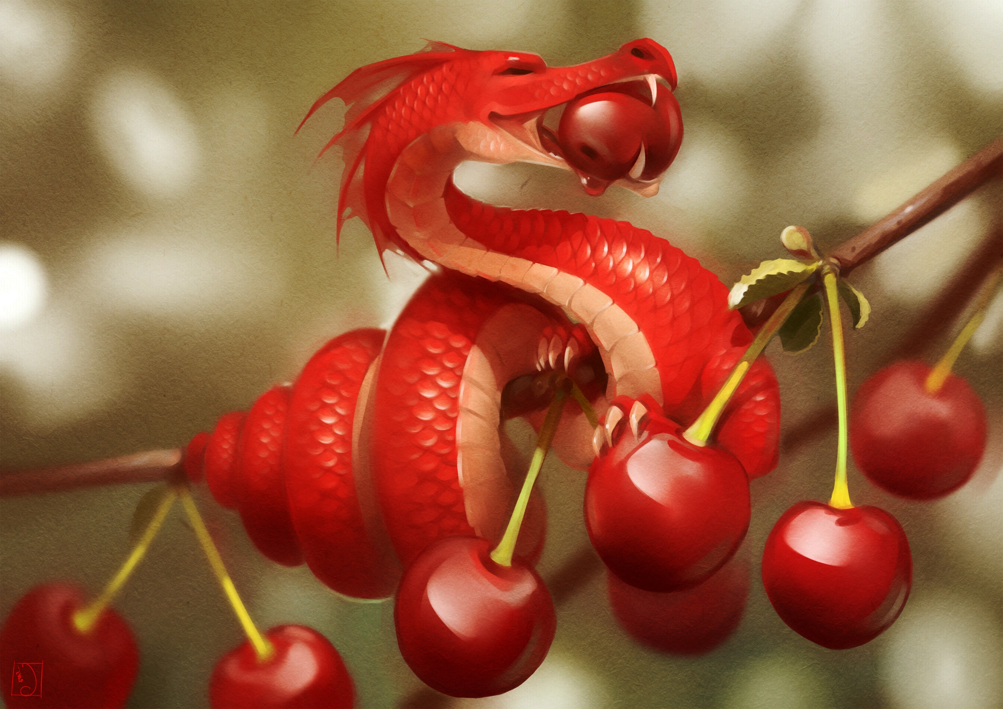 Red dragon eating cherries from a branch HD Wallpaper