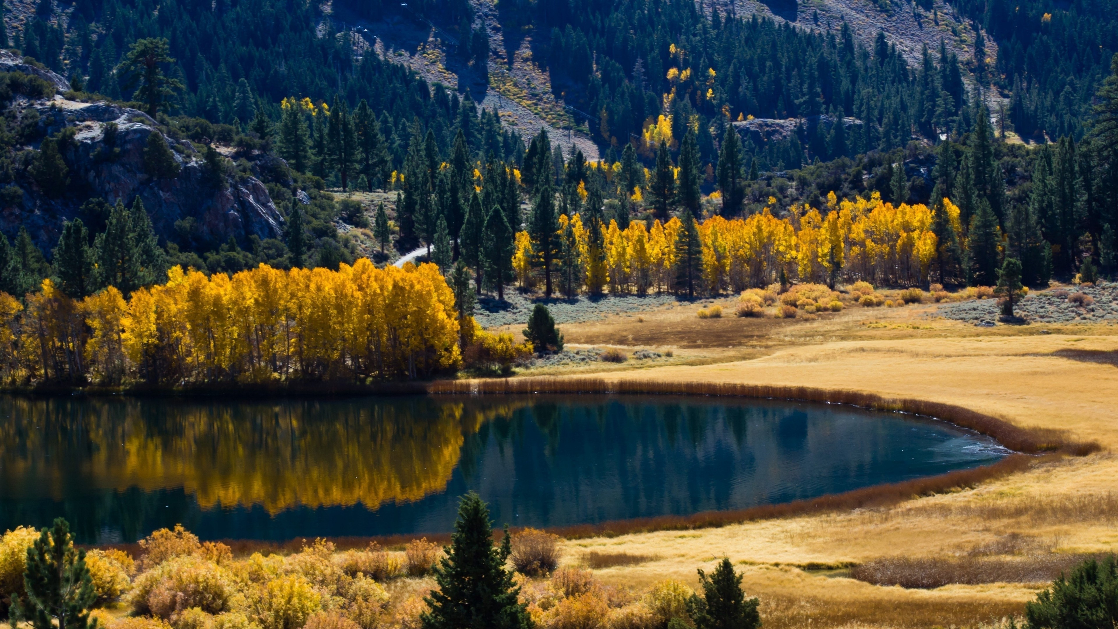Autumn lake reflection with colorful trees and mountains HD Wallpaper