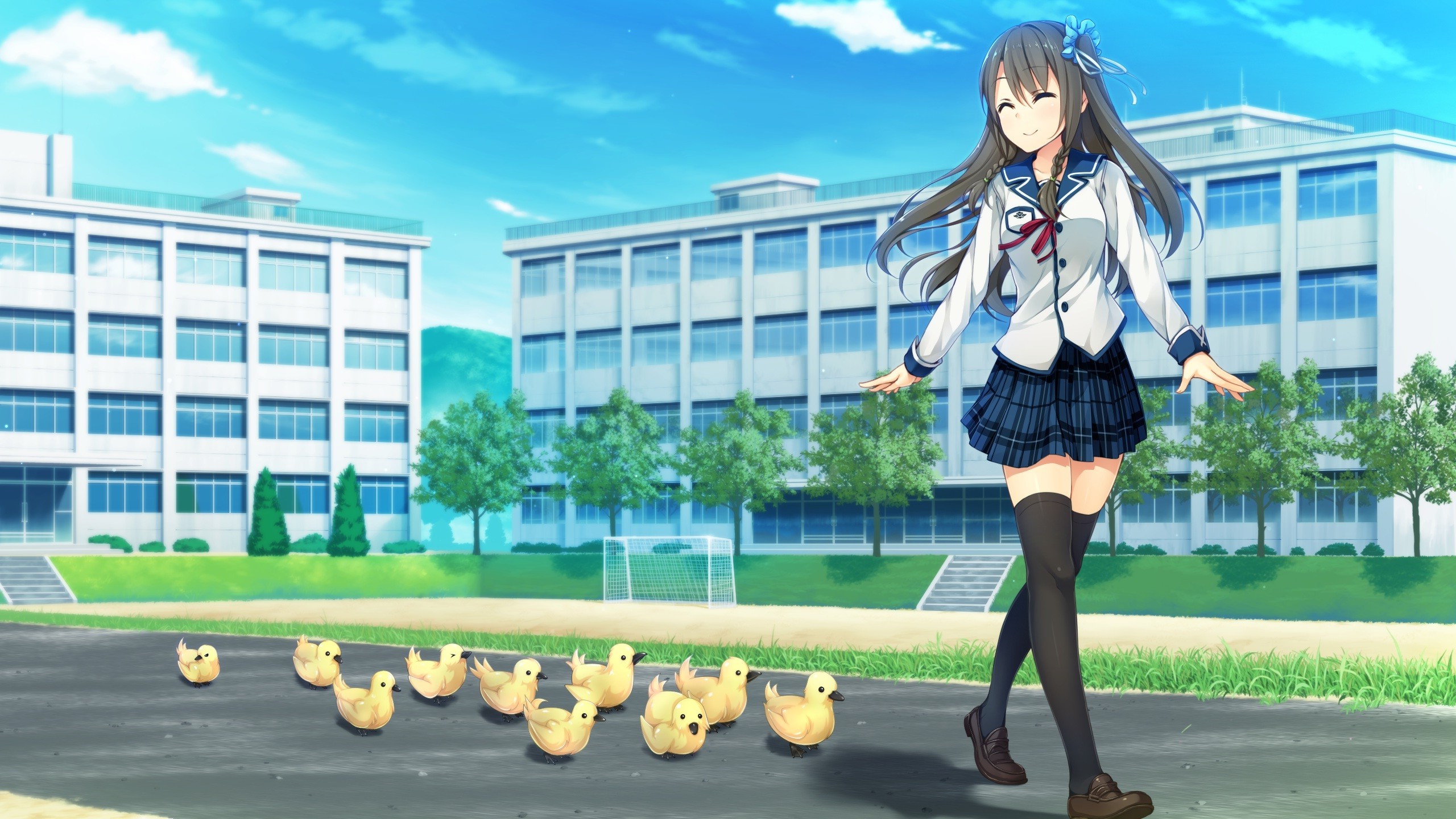 Mahiru Tsukigase with Ducklings at School HD Wallpaper