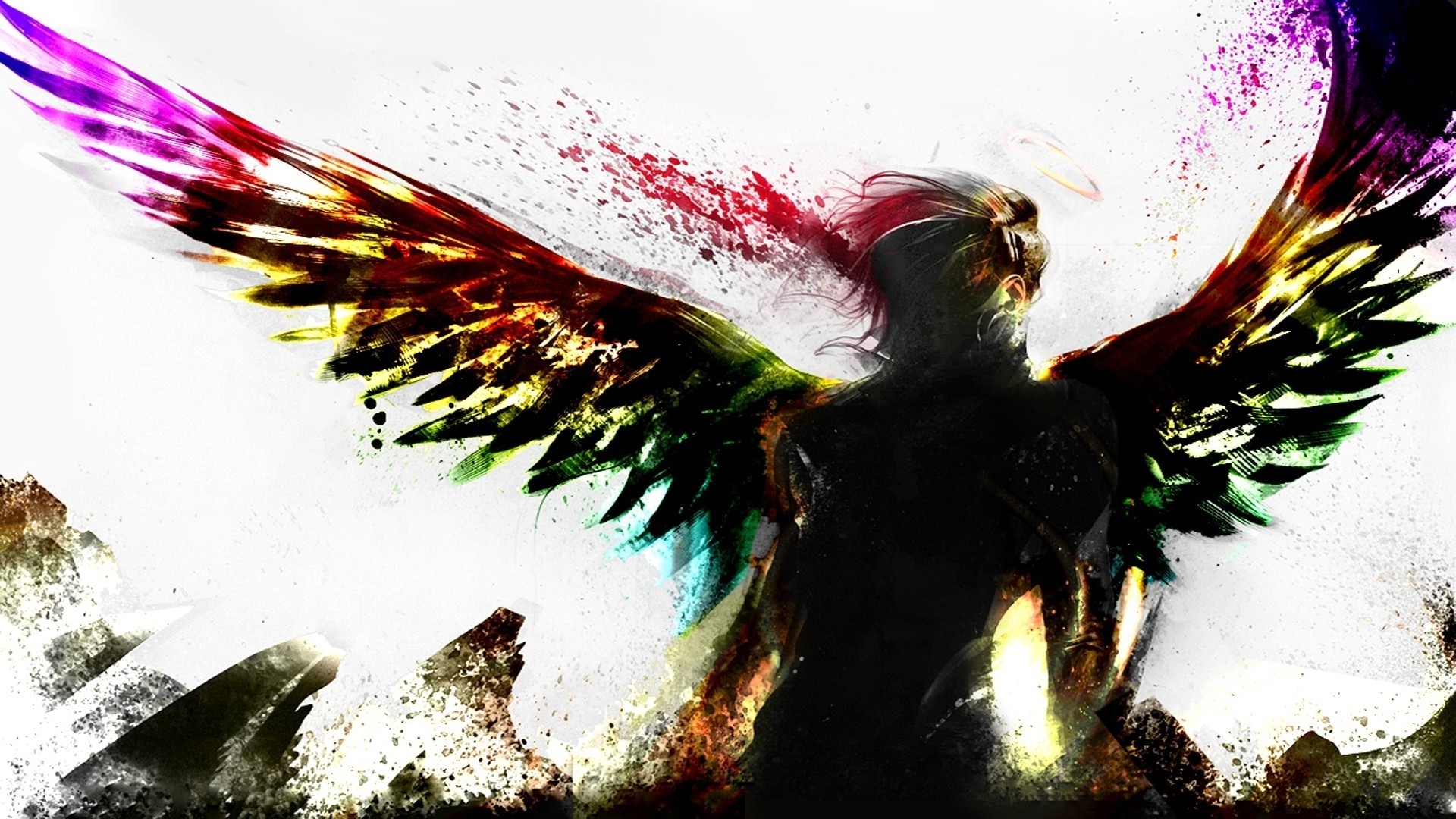 Digital art of an angel with colorful wings HD Wallpaper