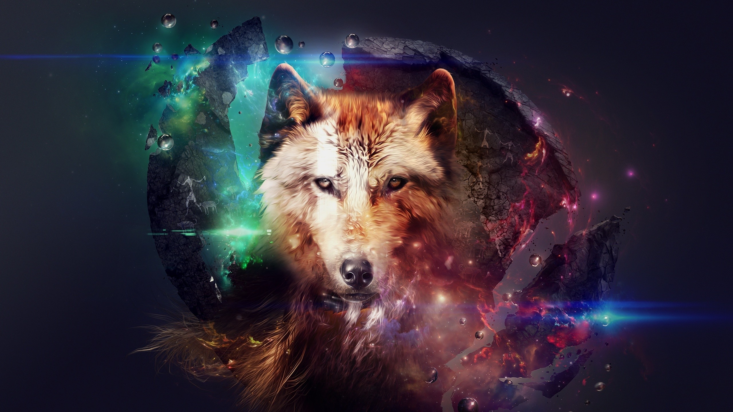 Wolf in space with shattered planet HD Wallpaper