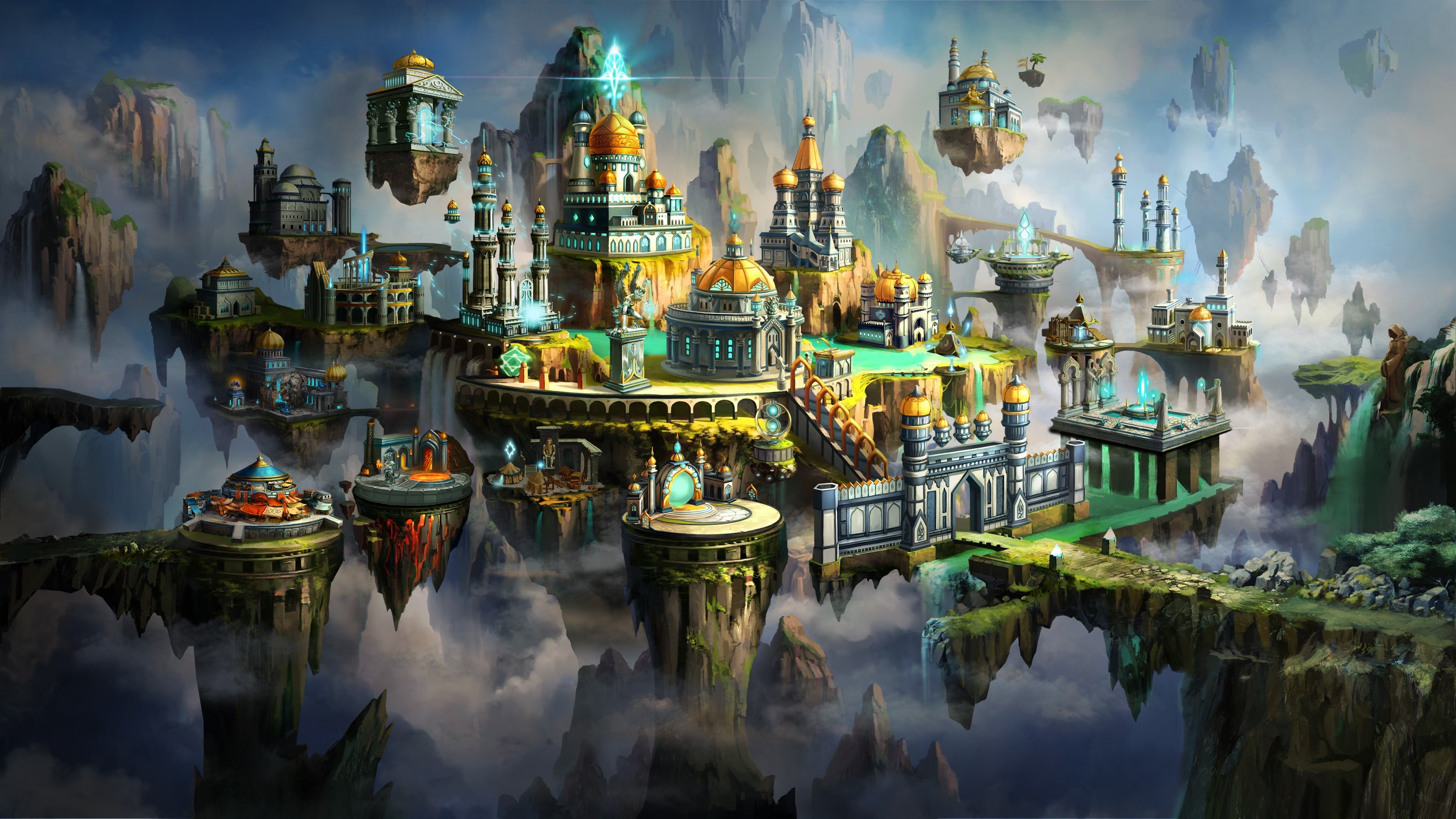 Fantasy floating city artwork from Might and Magic Heroes VII HD Wallpaper