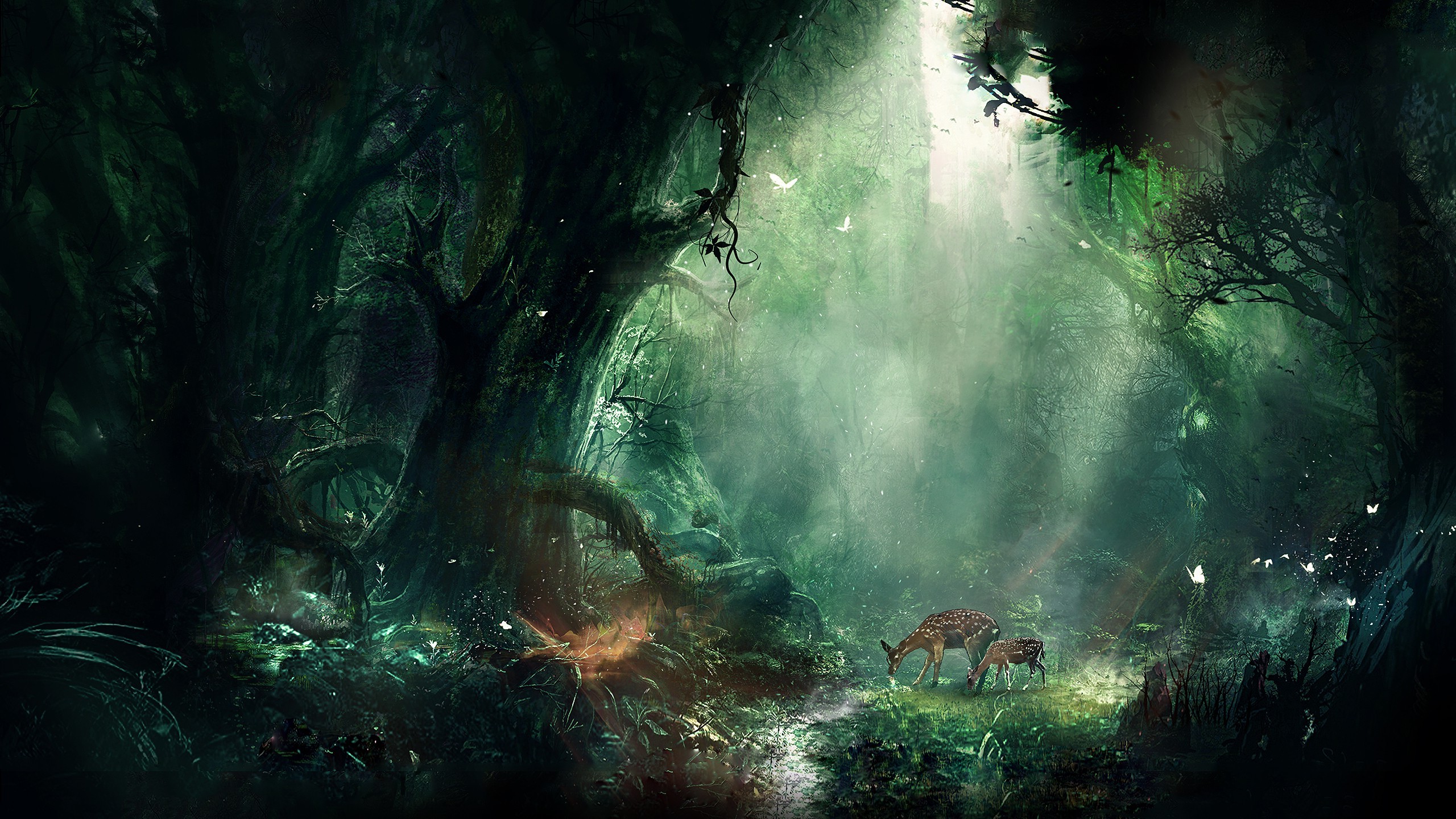 Fantasy forest with deer and butterflies HD Wallpaper