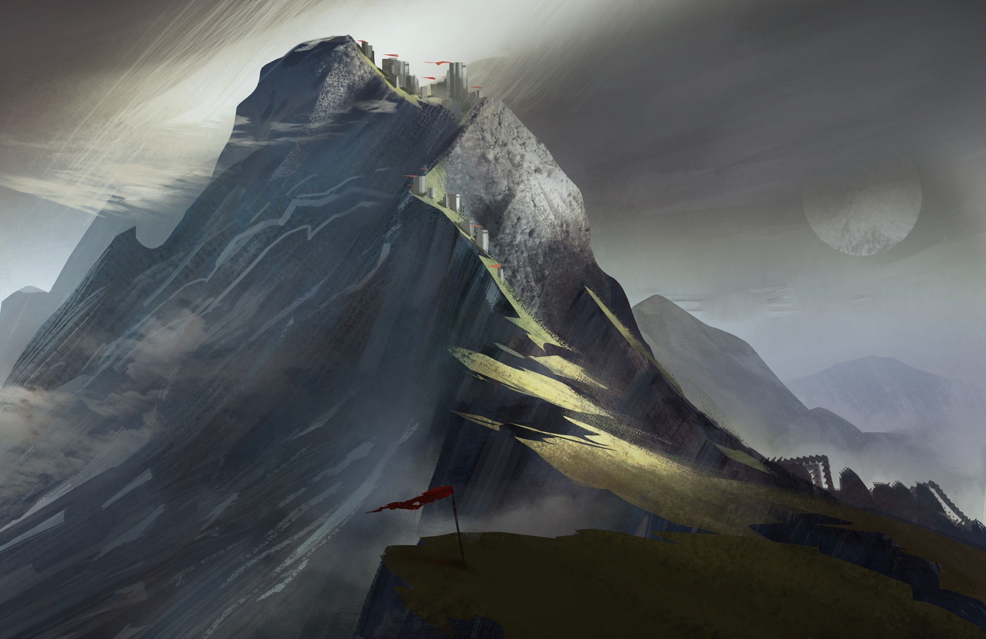 Fantasy mountain pass with castle ruins and red flag HD Wallpaper