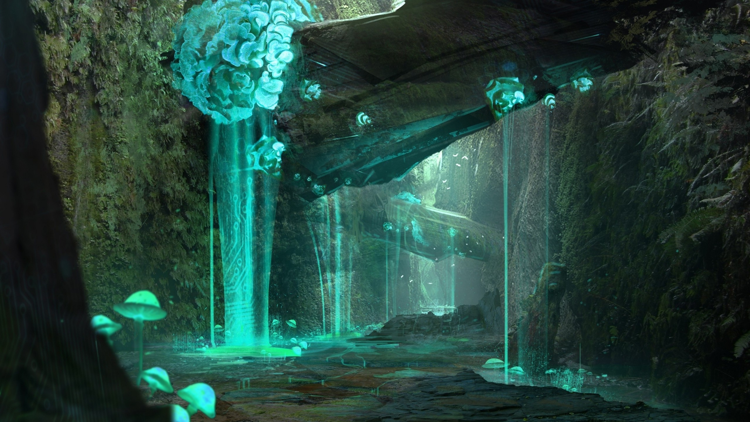 Alien swamp with glowing mushrooms and crashed spaceship HD Wallpaper