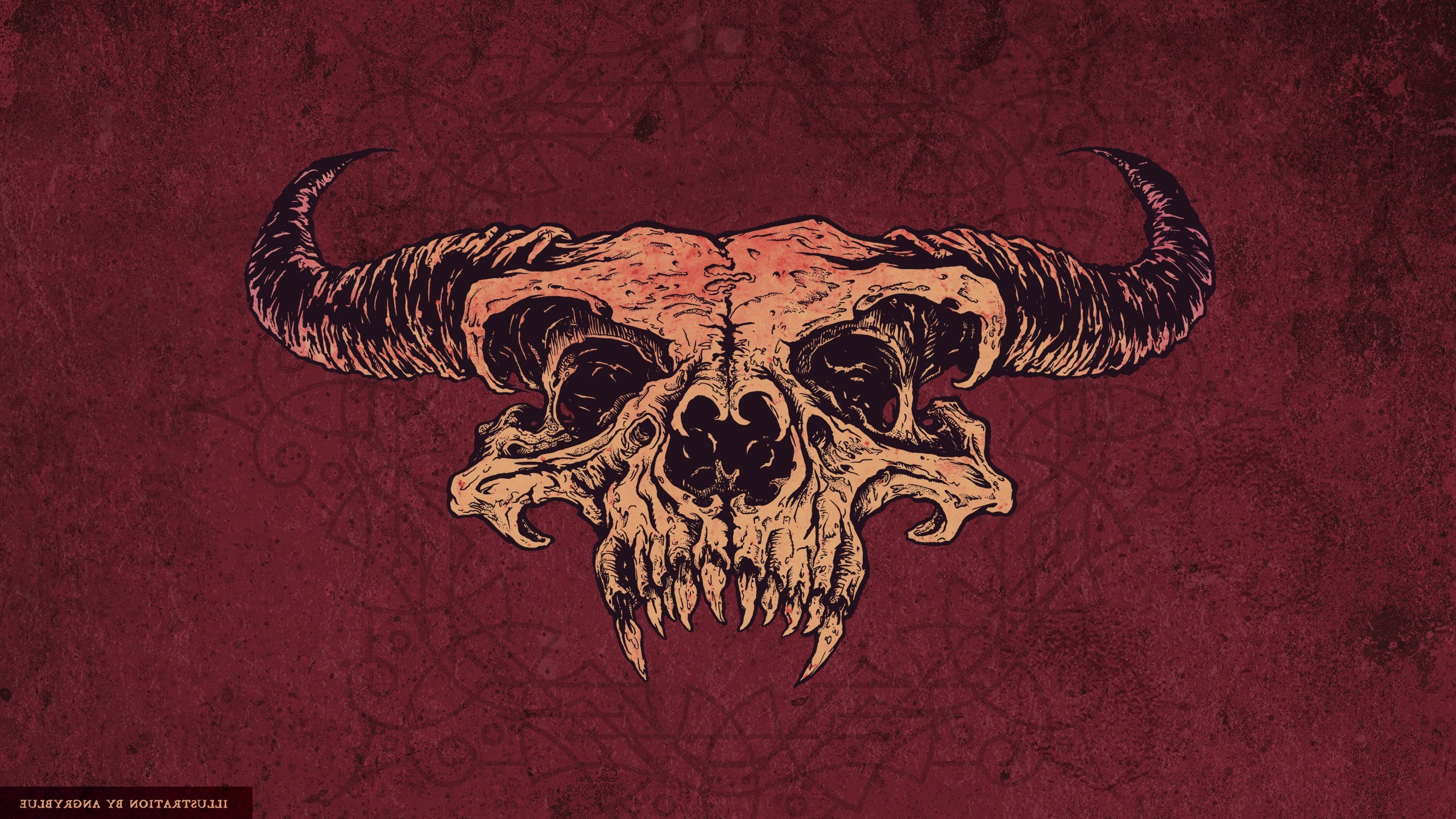 Demonic skull with horns on a textured red background HD Wallpaper